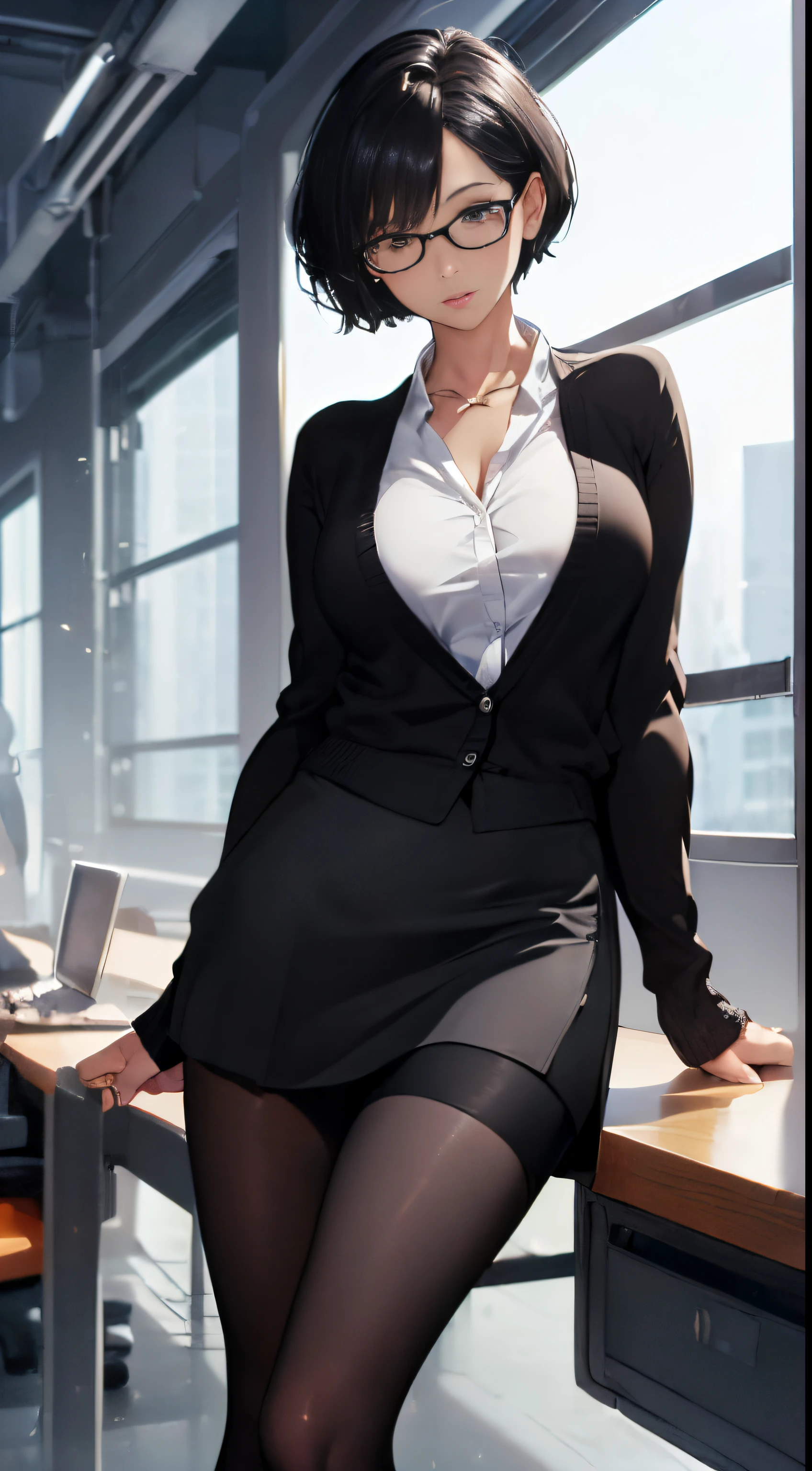 score_9, score_8_up, score_8, score_9, score_9, score_8_up, score_7_up, score_6_up, score_5_up, score_4_up, mature businesswoman in office looking at viewer, black suit jacket, white collared shirt, black hair bun, white streak in hair, black pencil dress, pantyhose, glasses, chair, desk, paper, windows, city in windows, detailed background, sitting on chair,
