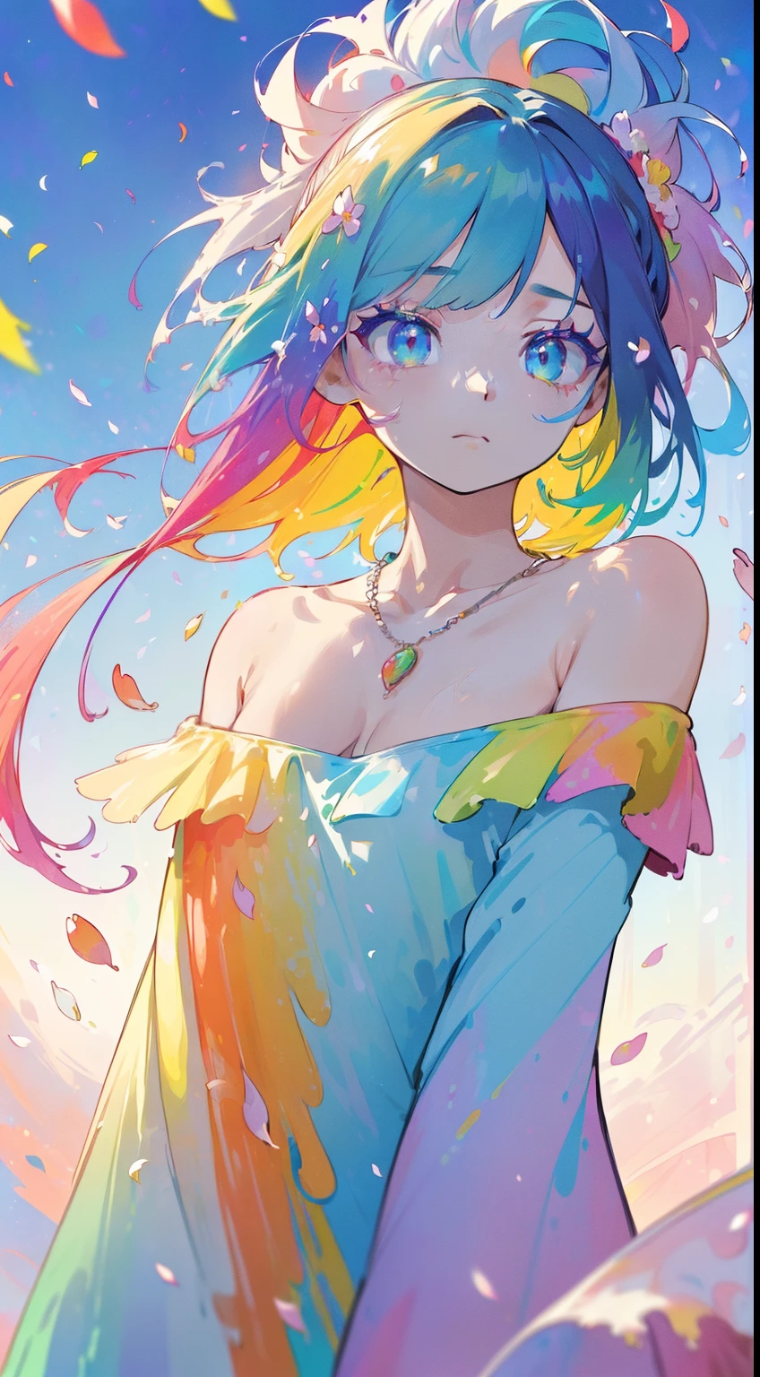 (colored hair: 1.8), (all the colors of the rainbow: 1.8),(((((vertical painting：1.6))), （Painting：1.6），front, Comics, illustrations, Painting, big eyes , crystal clear eyes,（Rainbow Color Gradient High Ponytail：1.7）, exquisite makeup, closed mouth,(Small fresh: 1.5),(Clear chest: 1.6) ，long eyelashes, off-the-shoulder white t-shirt, off-the-shoulder white shirt， look at the audience, big watery eyes, (Rainbow colored hair：1.6), splashes of color, （alone：1.8）, splashes of color, Color Explosion, thick painting style, messy lines, ((splendid)) ，(colorful), (colorful), (colorful), colorful, thick painting style, (splatter) (color splashes), vertical painting, upper body, paint splashes, acrylic pigment, gradient, paint, more high image quality, Very high quality, masutepiece, alone, depth of field, face painting, colorful clothes, (elegant: 1.2), very beautiful, long hair, wind, (elegant: 1.3), (flower petals: 1.4)，( ((masutepiece))),(((best quality))),((ultra-detailed)),(illustration),(dynamic angle),((floating)),(paint),((disheveled hair)) ,(alone),(1girl in) , (((Detailed animated face))),((beautiful detailed face)),necklace,bare shoulders,white hair,((colored hair)),((striated hair)), beautiful detailed eyes,(gradient color eyes),(((colorful eyes))),(((colorful background))),(((high color saturation))),(((surrounded by colorful splashes))) ,