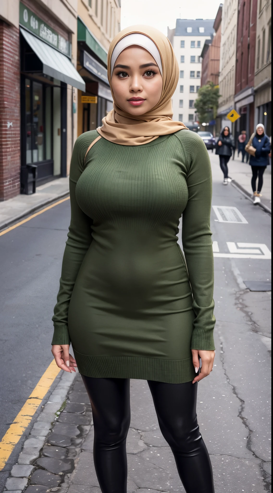 RAW, Best quality, high resolution, masterpiece: 1.3), beautiful Malay woman on hijab (iu:0.8),((big breast)), perfect nose,perfect lips, perfect eyes, detail :1.2),big breast, wearing in dark green sweater and dark green skirt standing on the sidewalk, full body shot, dark beige dress, beige, wearing fisher, very aesthetic, pleated skirt, tight leggings, wearing, green sweater, modestly dressed, wearing a long eloquent dress, dressed woman, outfit casual muslim