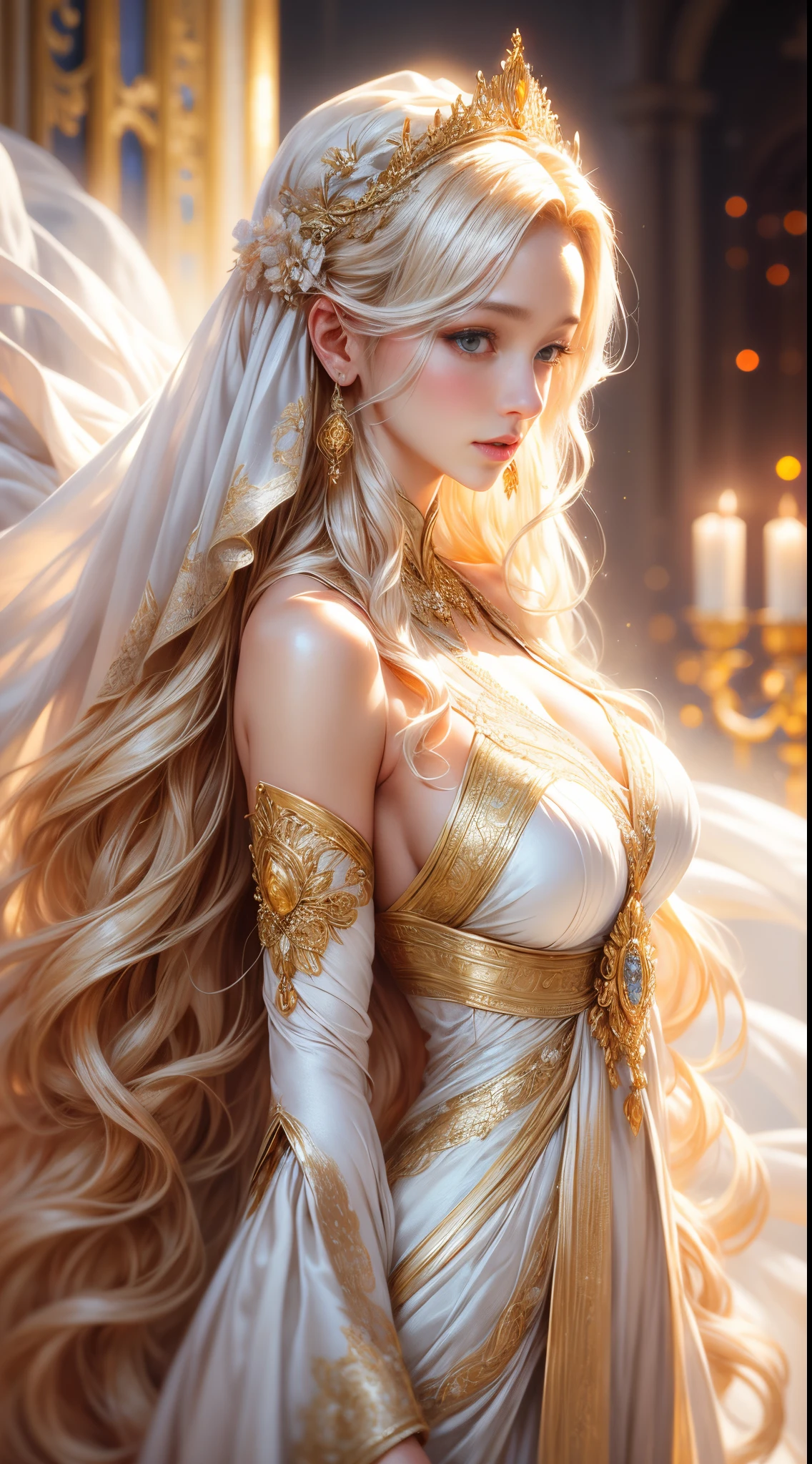 (Best quality,8K,A high resolution,tmasterpiece:1.2),ultra - detailed,Realistic details:1.37,One lady,White dress with gold edges,golden hair scattered around,ƌ cents,Full body picture 1.4 cents,realistically,physically-based renderingt, Artwork is a masterpiece,With the highest quality and ultra-detailed features, 8K high-resolution shooting. This photo faithfully depicts a woman wearing a white dress with gold trim, Long golden hair falls on her shoulders. hori'just like her'This artwork was photographed from different angles, Can see her body completely, Emphasis on authenticity and detail in illustrations.