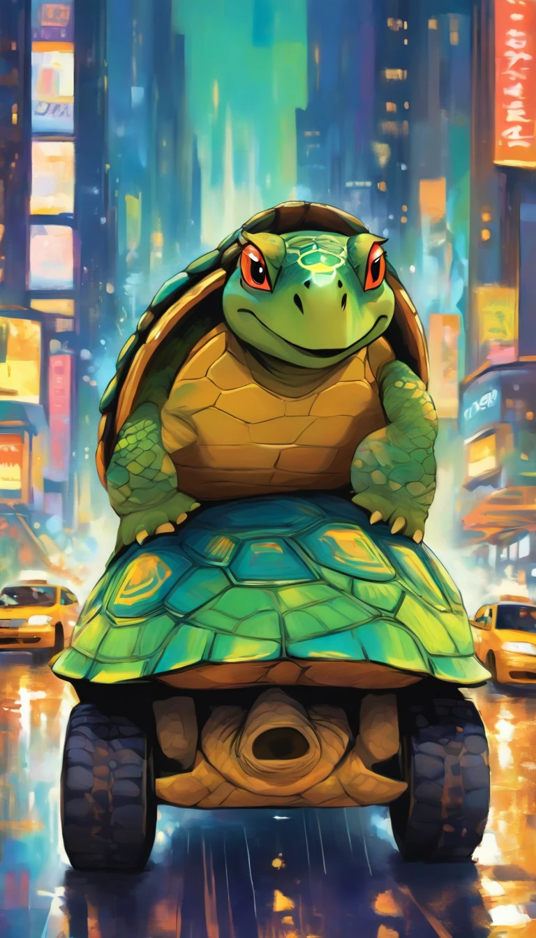 (a cool,anthropomorphic turtle,new York cab driver:1.1,shot from outside the car)medium:oil painting,textured surface,detailed painting,masterpiece:1.2,[realistic],ultra-detailed,high resolution,professional,vivid colors,new york city,urban environment,naturalistic cityscape,[busy:0.9],city lights,night scene,turtle shell pattern,turtle scale details,unique taxi design,crowded streets,hustle and bustle,horns honking,speed and motion,reflection on car windows,street signs,bright headlights,street vendors,sidewalks,familiar city landmarks,skyscrapers,prominent billboard,modern metropolitan,contrast of nature and city life, harmonious color palette,emphasize the tranquility of the turtle amidst the city chaos,playful expression on the turtle's face,professional taxi driver attire,strong sense of depth,impressive textures,impressive background details,impressive architectural details,impressive lighting and shadows, impressionistic art style,blue and green color palette,creative angle and composition,contrast of hard and soft elements,impressive brushwork, capturing the turtle's character and personality, attention to both turtle and taxi details