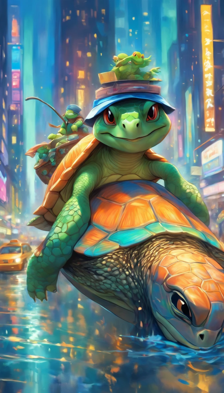 (a cool,anthropomorphic turtle,new York cab driver:1.1,shot from outside the car)medium:oil painting,textured surface,detailed painting,masterpiece:1.2,[realistic],ultra-detailed,high resolution,professional,vivid colors,new york city,urban environment,naturalistic cityscape,[busy:0.9],city lights,night scene,turtle shell pattern,turtle scale details,unique taxi design,crowded streets,hustle and bustle,horns honking,speed and motion,reflection on car windows,street signs,bright headlights,street vendors,sidewalks,familiar city landmarks,skyscrapers,prominent billboard,modern metropolitan,contrast of nature and city life, harmonious color palette,emphasize the tranquility of the turtle amidst the city chaos,playful expression on the turtle's face,professional taxi driver attire,strong sense of depth,impressive textures,impressive background details,impressive architectural details,impressive lighting and shadows, impressionistic art style,blue and green color palette,creative angle and composition,contrast of hard and soft elements,impressive brushwork, capturing the turtle's character and personality, attention to both turtle and taxi details