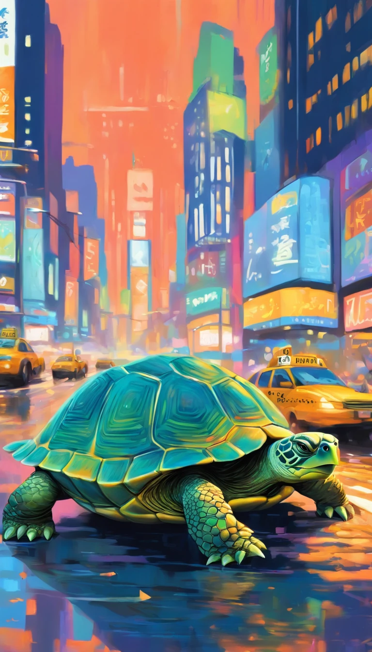 (a cool,anthropomorphic turtle,new York cab driver:1.1,shot from outside the car)medium:oil painting,textured surface,detailed painting,masterpiece:1.2,[realistic],ultra-detailed,high resolution,professional,vivid colors,new york city,urban environment,naturalistic cityscape,[busy:0.9],city lights,night scene,turtle shell pattern,turtle scale details,unique taxi design,crowded streets,hustle and bustle,horns honking,speed and motion,reflection on car windows,street signs,bright headlights,street vendors,sidewalks,familiar city landmarks,skyscrapers,prominent billboard,modern metropolitan,contrast of nature and city life, harmonious color palette,emphasize the tranquility of the turtle amidst the city chaos,playful expression on the turtle's face,professional taxi driver attire,strong sense of depth,impressive textures,impressive background details,impressive architectural details,impressive lighting and shadows, impressionistic art style,blue and green color palette,creative angle and composition,contrast of hard and soft elements,impressive brushwork, capturing the turtle's character and personality, attention to both turtle and taxi details