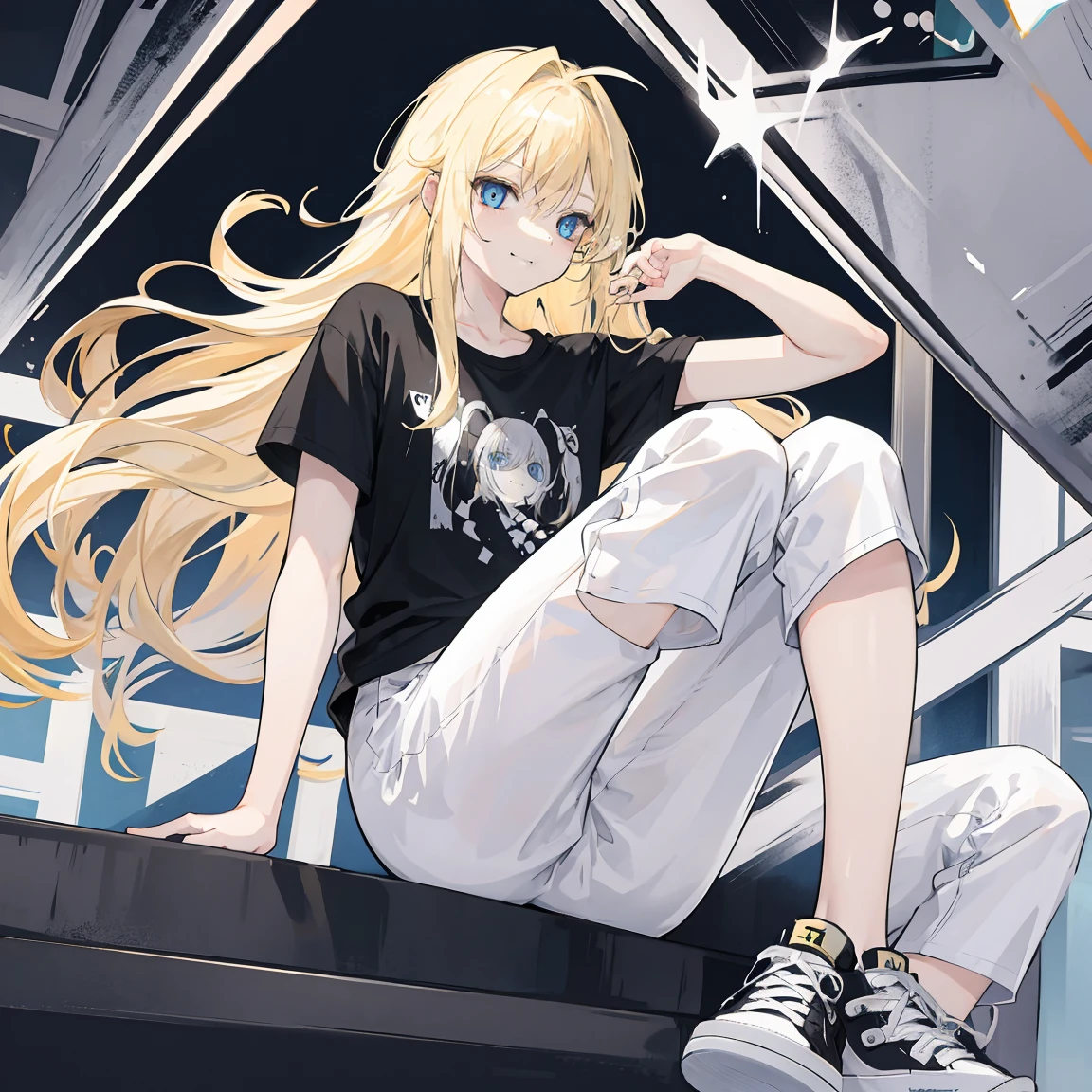 a guy with blonde hair with 1 locks like a girl, black t-shirt, white pants, black watch, blue eyes, white sneakers