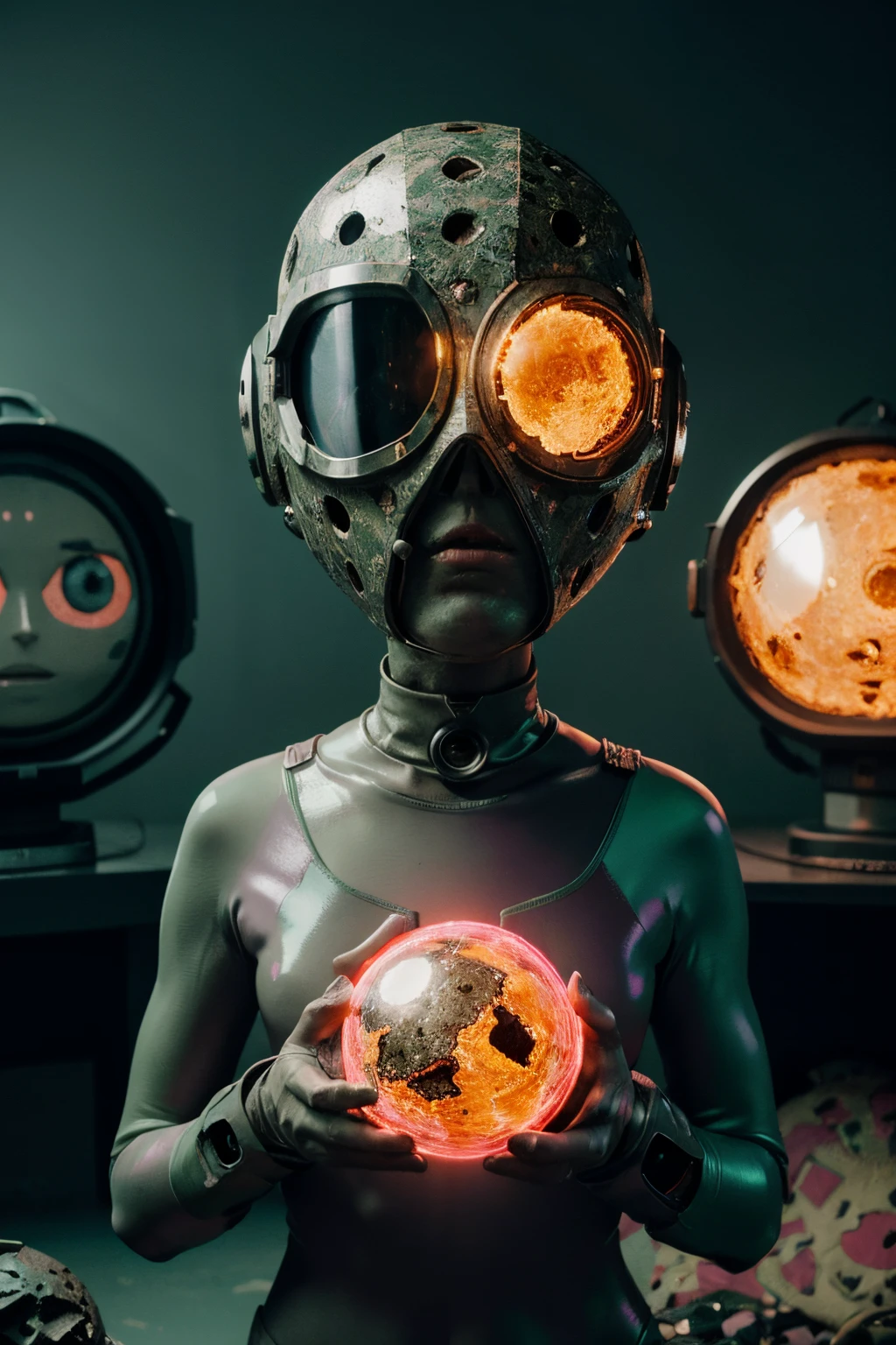 A Modern flat toon Crazy whit a Big ONE a Only Eye Robot and helmet Style, tongs in hands, Tv head, pinhead, camouflage Pink Light Green Rusty, Ambient in a meteorite crater super detailed, center, beautiful, soft lighting, focused on the character, 4K resolution, photorealistic rendering,