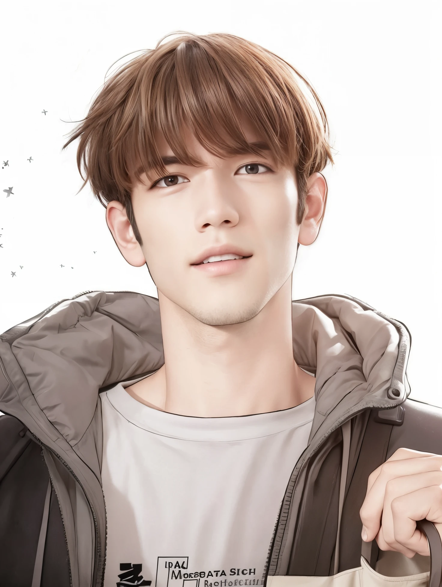 Boy with brown hair, watching the stars, white tshirt, gray jacket and hand, hold briefcase strap, brown gladira, Dark brown hair, Slightly Open Mouth, In Ultra High Resolution.photo-realistic:1.4,UHD. Realistic,High resolution without, Masterpiece, Best Quality, Ultra-detailed, better shadow, voluminous lighting), Super High Quality, High Resolution, 8K, Hyper-realistic portrait , photorealestic, dinamic lighting, voluminous lighting, Very Detailed Faces