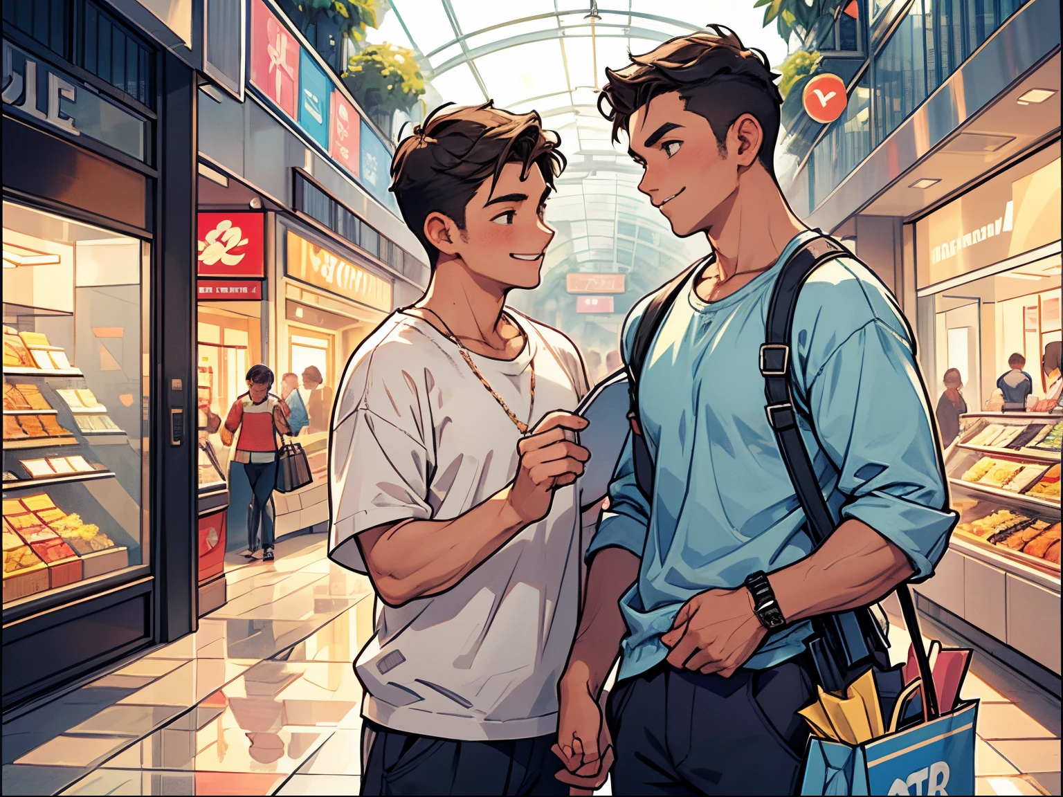Two gay men wearing matching clothes are shopping、View of the shopping mall、man face、Man's clothes、short-haired、happily face