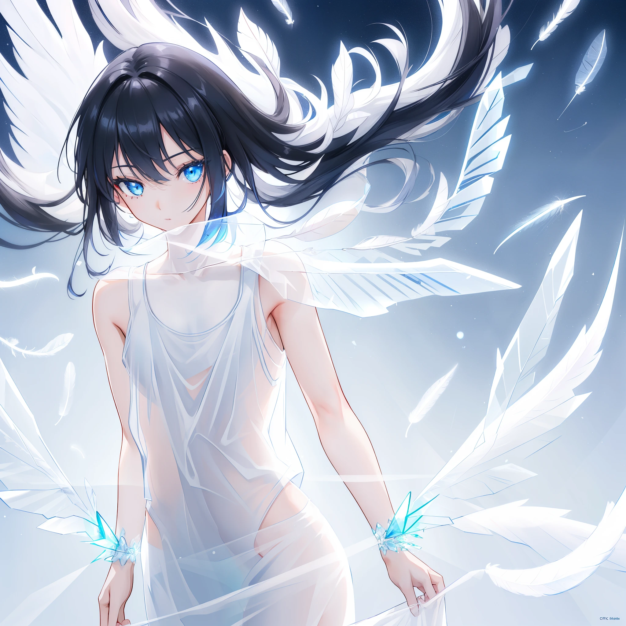 ((A long shot)) of a black haired anime  girl, (standing in the (snowfield), ((strong sunlight)), cinematic light, slim body, skin is perfectly healthy, soft, and smooth, Extremely delicate and beautiful CG illustration, best quality, high resolution, dynamic angle, full-length lens, (1 girl), floating, soft light, high-key lighting), glowing light, blue halo, feathers fluttering background, blue crystal, (((wearing nothing but a white (pure) (transparent) tank top))), ((very cinematic))