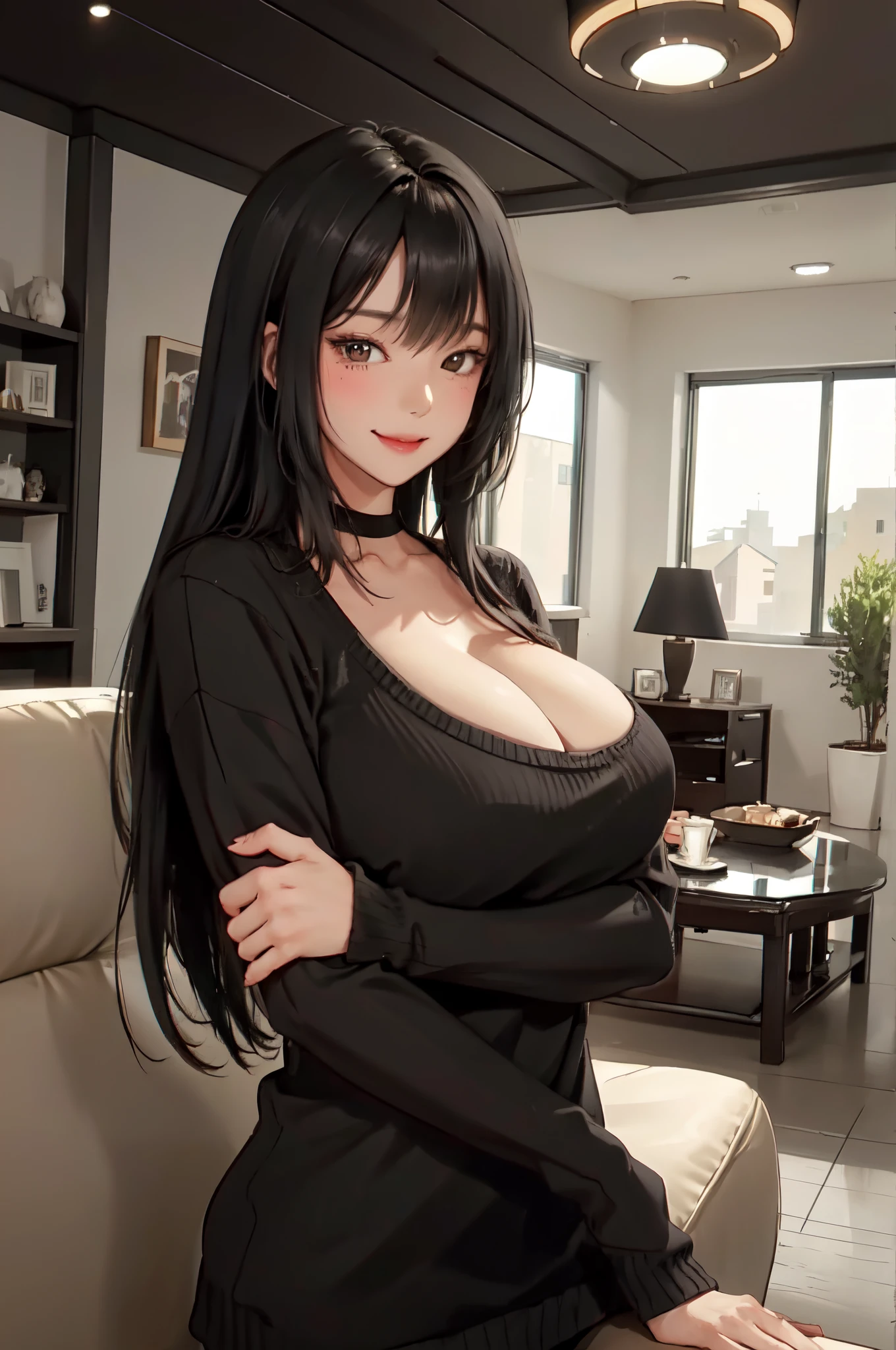 1lady standing, /(oversized sweater/) v-neck, mature female, /(black hair/) bangs, blush kind smile, (masterpiece best quality:1.2) delicate illustration ultra-detailed, large breasts pantyhose BREAK /(modern house living room/) indoors