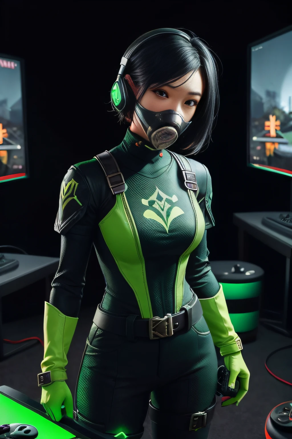 beautiful japanese young woman, extreme detailed, bodysuit, gloves, belt, thigh boots, (valorantViper:1.2), bodysuit, gloves, belt, thigh boots, respirator, looking at viewer, face, portrait, close-up, green, slender, (combat ready stance), (tactical outfit), (solo character), (gaming theme:1.5), short hair, green, (black hair), (milittary gear), (gas mask:0.4), (poisonous green:1.2), (glowing effects),