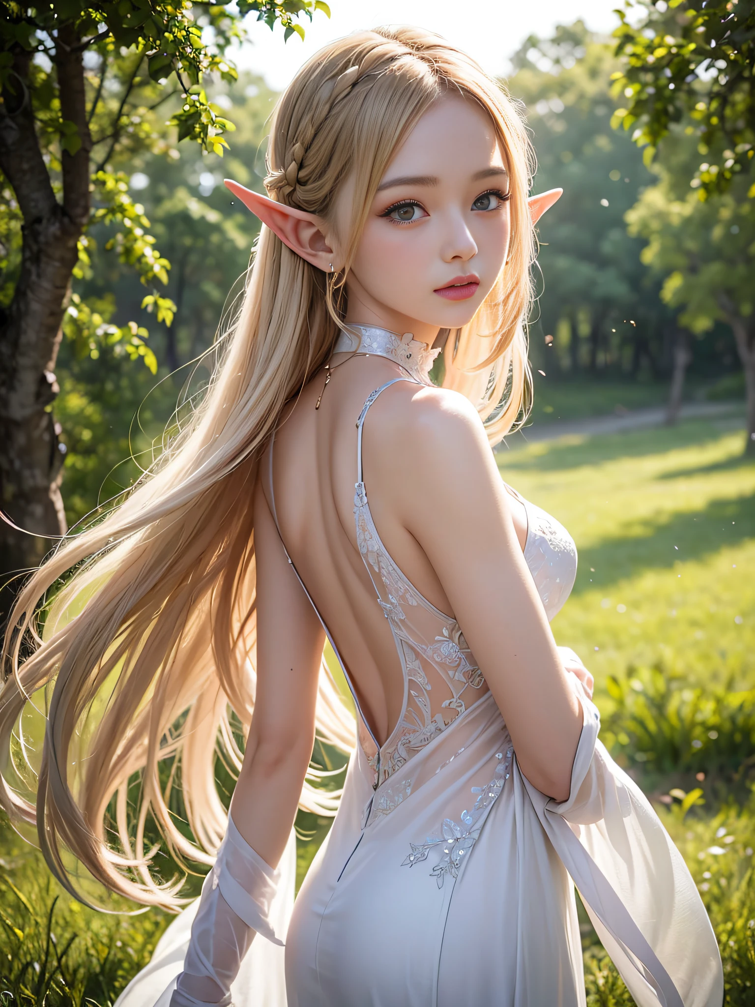 Graceful elven girl standing in meadow, Delicate face illuminated by the soft light of the setting sun. Her long, Flowing hair runs down your back, Decorated with intricate braids、Adorned with sparkling gemstones. This great photo is、、、It captures the ethereal beauty of elves. Slender figure in silk dress、Swaying in the soft steppe breeze. Attention to detail、Face that is、Face that is、Face that is、Face that is、It is evident in the intricate patterns of the dress and the subtle highlights of the luminescence. skin. The breathtaking portrayal of the elven girl is、、、、、Create an enchanting atmosphere、It invites the viewer to a magical world. transparent blonde hair,