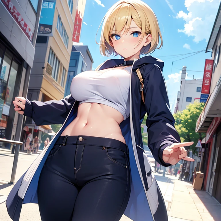 2D Anime Style、Blue eyes、breasts are slightly larger、A cool and beautiful adult woman with short blonde hair is wearing a top coat that shows her stomach and long pants in town.
