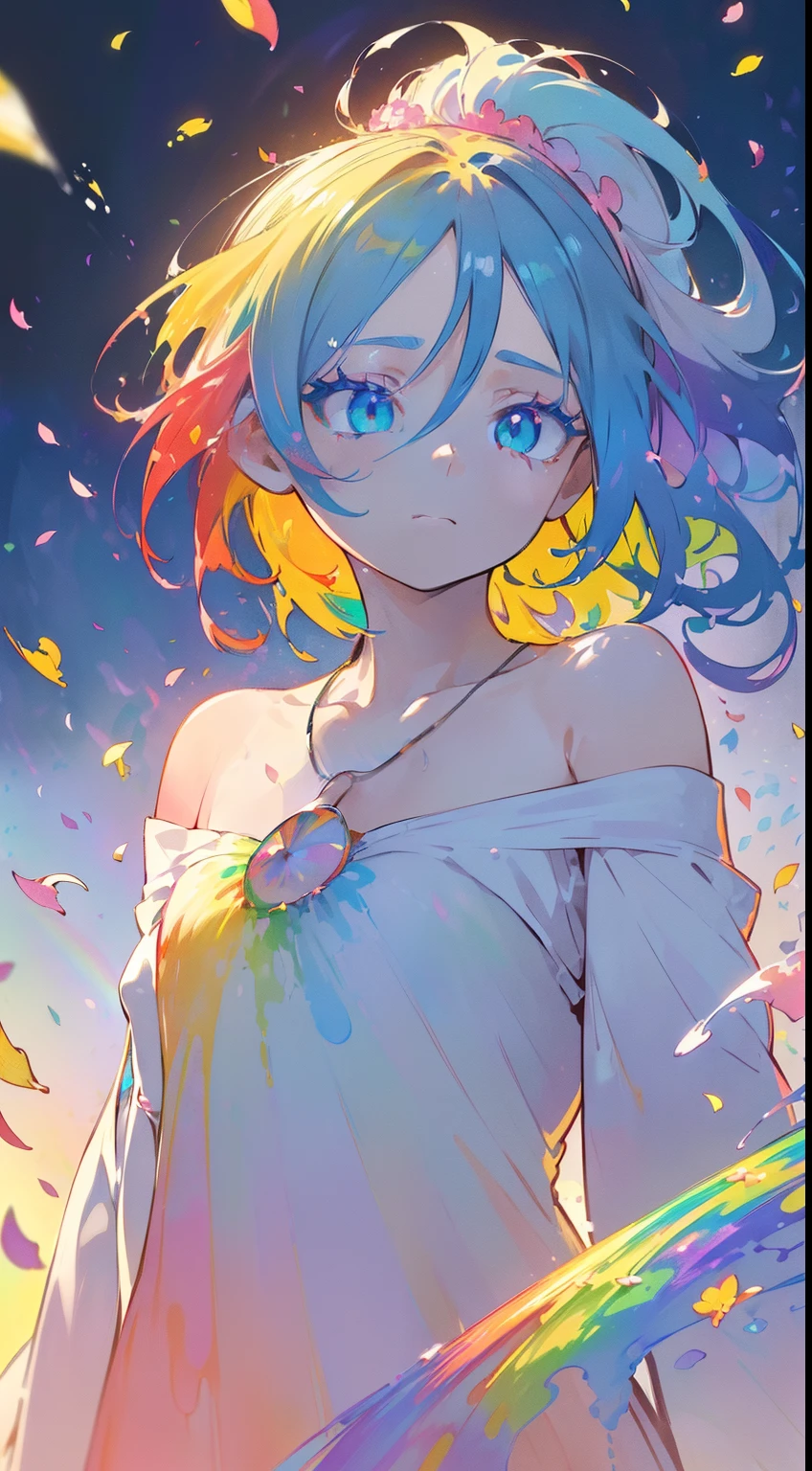 (colored hair: 1.8), (all the colors of the rainbow: 1.8),(((((vertical painting:1.6))), (Painting:1.6),front, Comics, illustrations, Painting, big eyes , crystal clear eyes,(Rainbow Color Gradient High Ponytail:1.7), exquisite makeup, closed mouth,(Small fresh: 1.5),(Clear chest: 1.6) ,long eyelashes, off-the-shoulder white t-shirt, off-the-shoulder white shirt, look at the audience, big watery eyes, (Rainbow colored hair:1.6), splashes of color, (alone:1.8), splashes of color, Color Explosion, thick painting style, messy lines, ((splendid)) ,(colorful), (colorful), (colorful), colorful, thick painting style, (splatter) (color splashes), vertical painting, upper body, paint splashes, acrylic pigment, gradient, paint, more high image quality, Very high quality, masutepiece, alone, depth of field, face painting, colorful clothes, (elegant: 1.2), very beautiful, long hair, wind, (elegant: 1.3), (flower petals: 1.4),( ((masutepiece))),(((best quality))),((ultra-detailed)),(illustration),(dynamic angle),((floating)),(paint),((disheveled hair)) ,(alone),(1girl in) , (((Detailed animated face))),((beautiful detailed face)),necklace,bare shoulders,white hair,((colored hair)),((striated hair)), beautiful detailed eyes,(gradient color eyes),(((colorful eyes))),(((colorful background))),(((high color saturation))),(((surrounded by colorful splashes))) ,
