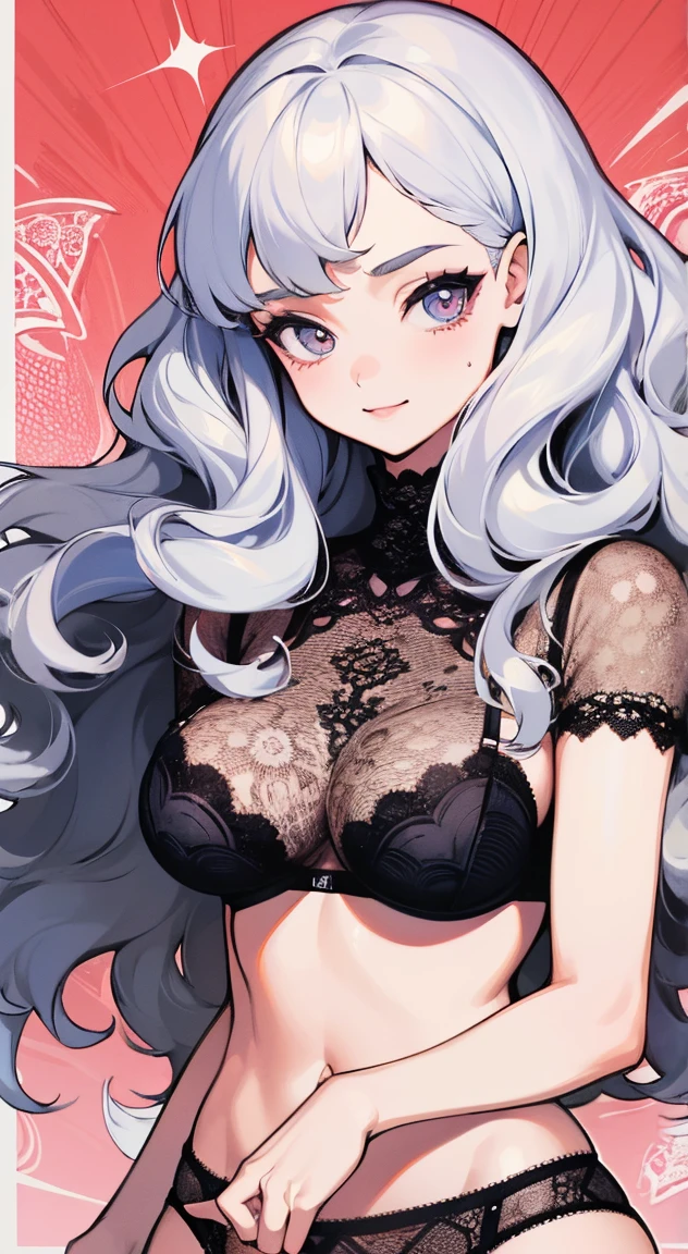 1girl , mature , adult, Solo, tall, wavy hair, large eyes, Shy face, smiling, luxury set, lace panties, (intricate lace black panties), perfect breast (intricate lace bra) fishnet, boots, (from front:1.3), symmetrical, fierce woman, intense gaze, risograph