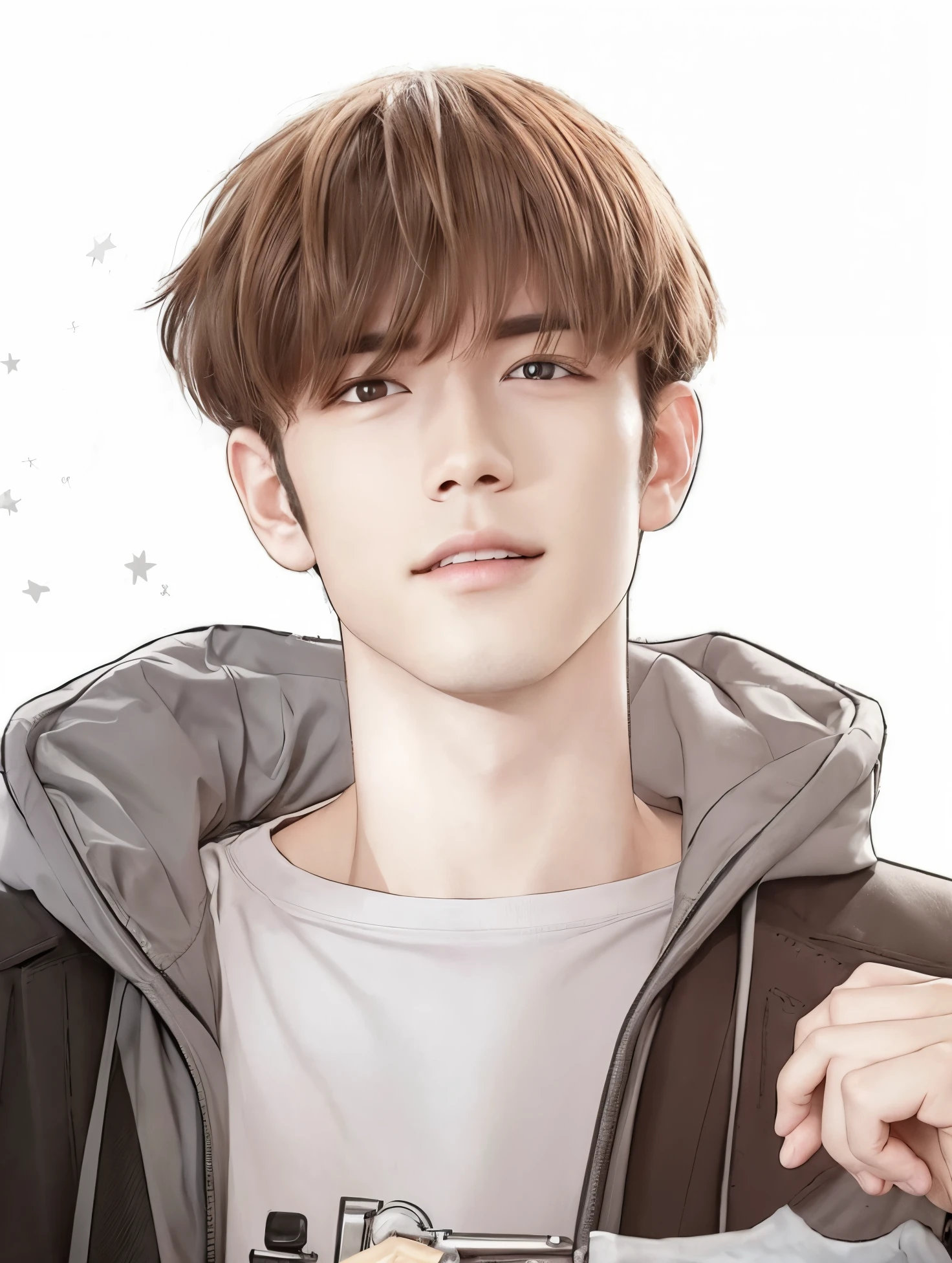 Boy with brown hair, watching the stars, white tshirt, gray jacket and hand, hold briefcase strap, brown gladira, Dark brown hair, Slightly Open Mouth, In Ultra High Resolution.photo-realistic:1.4,UHD.  Realistic，High resolution without, Masterpiece, Best Quality, Ultra-detailed, better shadow, voluminous lighting), Super High Quality, High Resolution, 8K, Hyper-realistic portrait , photorealestic, dinamic lighting, voluminous lighting, Very Detailed Faces