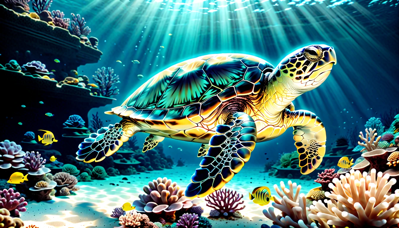 (A stunning image of a fantastic turtle glowing in the ocean depths with a transparent glow in its shell), A glowing turtle illuminates the water around it, revealing amazing views of marine life in the foggy shadows of a noir-style scene, shiny little fish appear, the beauty of shining scales, delicate transparent fins, catching the flicker of light, glowing turtle - the main subject of high-contrast cinematic photography, captures the essence of the mystery and fascination of the underwater world, the perfect combination of glow and image clarity, creates a feeling of a magical world, A true masterpiece, Outstanding picture quality, delights the audience, highlights falling from above and below and beautiful intricate details, 8000 pixel rendering for a masterpiece of the highest quality, intricate detials, saturated colors, extremely stunning details, truly a magnificent masterpiece, (breathtakingly intricate details:1.5), Fantasy world, Underwater world