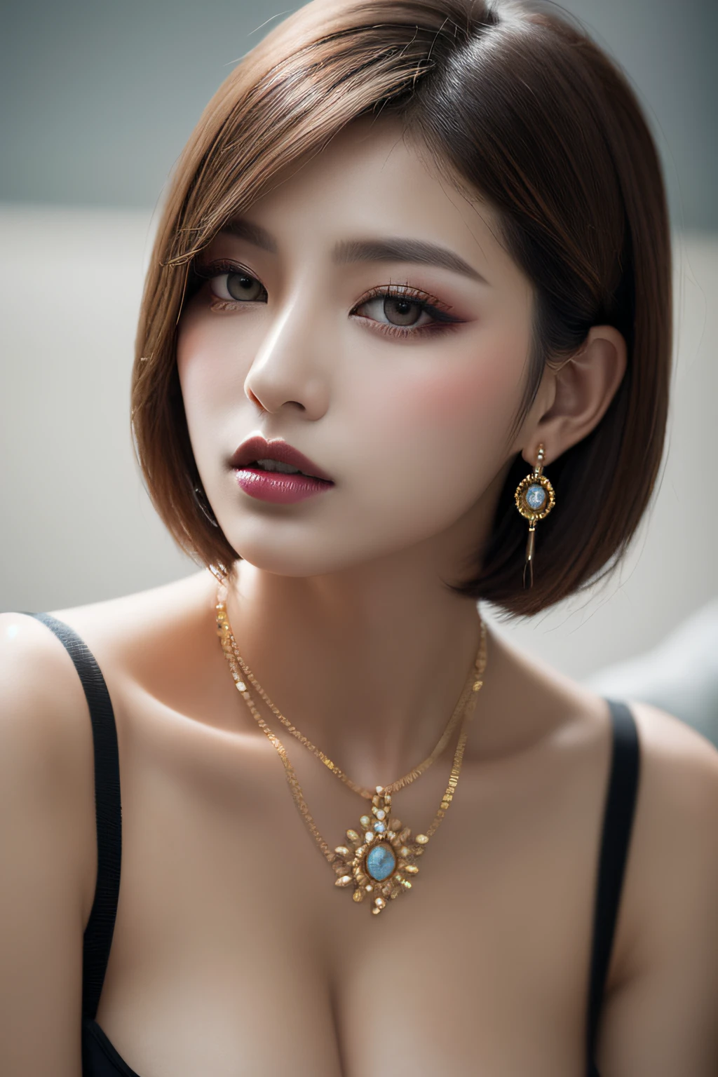 Very short bob of any hair color, short bob of any hairstyle, RAW photo, photorealistic, (very dark lip gloss), so many eyelashes, elegant eyeshadow, white skin, glossy skin, high quality, high resolution, depth of field, chromatic aberration, caustics, (Korean model), Instagramer, necklace, single woman, earrings, bracelets, (((Colossal breasts: 1.3, round breasts: 1.3)))), (red and black nightdress), chic sofa, cleavage poses, seductive makeup, seductive gestures, bewitching look, cruel look, bust up