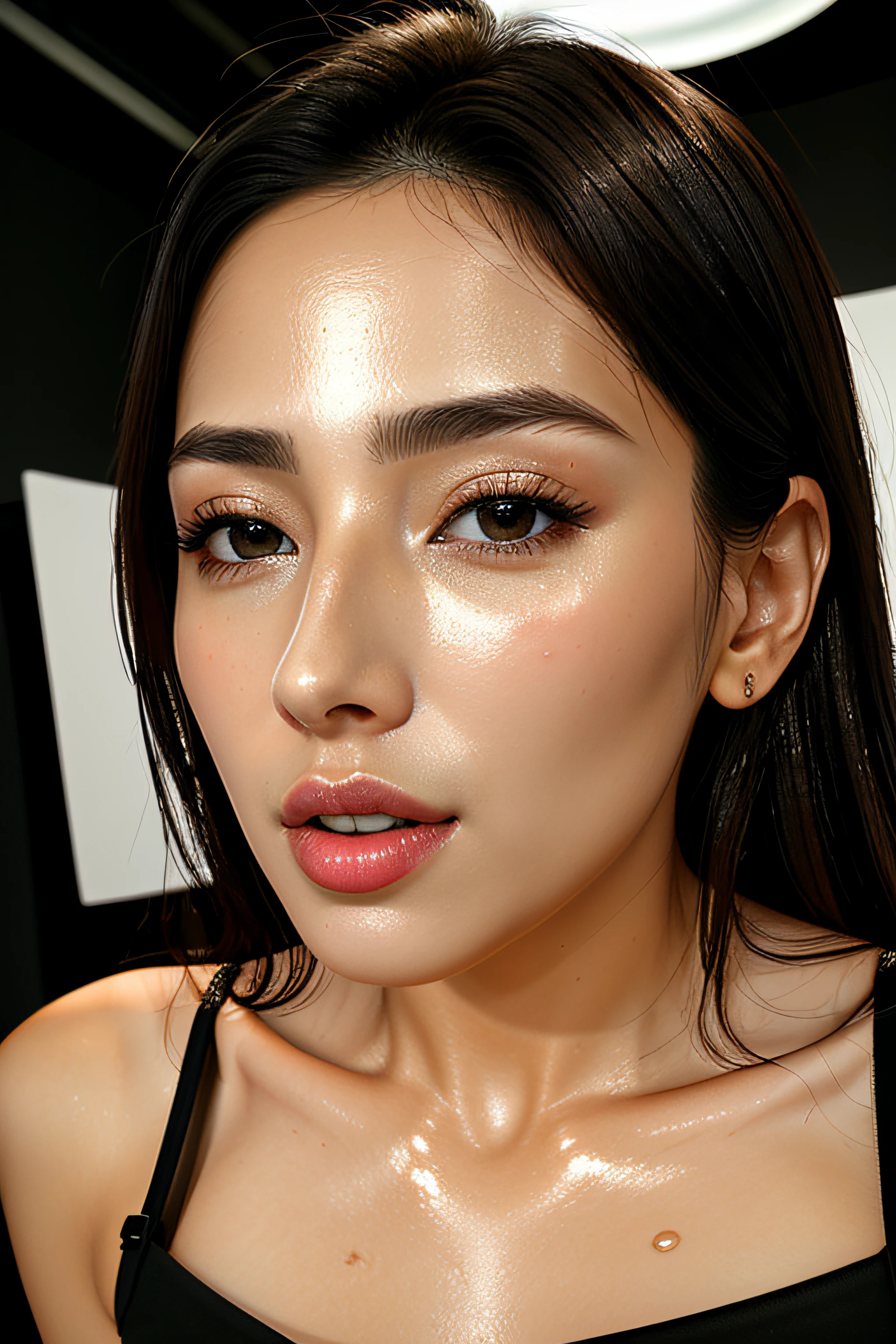 1girl in.masutepiece,,award - winning photo, Extremely detailed, sharp focus on eyes, Nose and Mouth,Face Focus, Woman with mouth open and eyes closed, Black camisole、32years old,A dark-haired、Wrinkles in the eyes:1.0、Symmetrical face,Realistic nostrils、Angle from below、elongated C-shaped nostrils,,,,,,,,,,,,,,,,,,,,,,,NSFW,Inside a Chanel store、Lighting that emphasizes skin glowing with sweat、((sharp nose))Skin shiny with sweat、shinny skin、(Trembling girl)vaginal,SEX,Back,wet and shiny lips、Wide-angle lens distortion removal、
