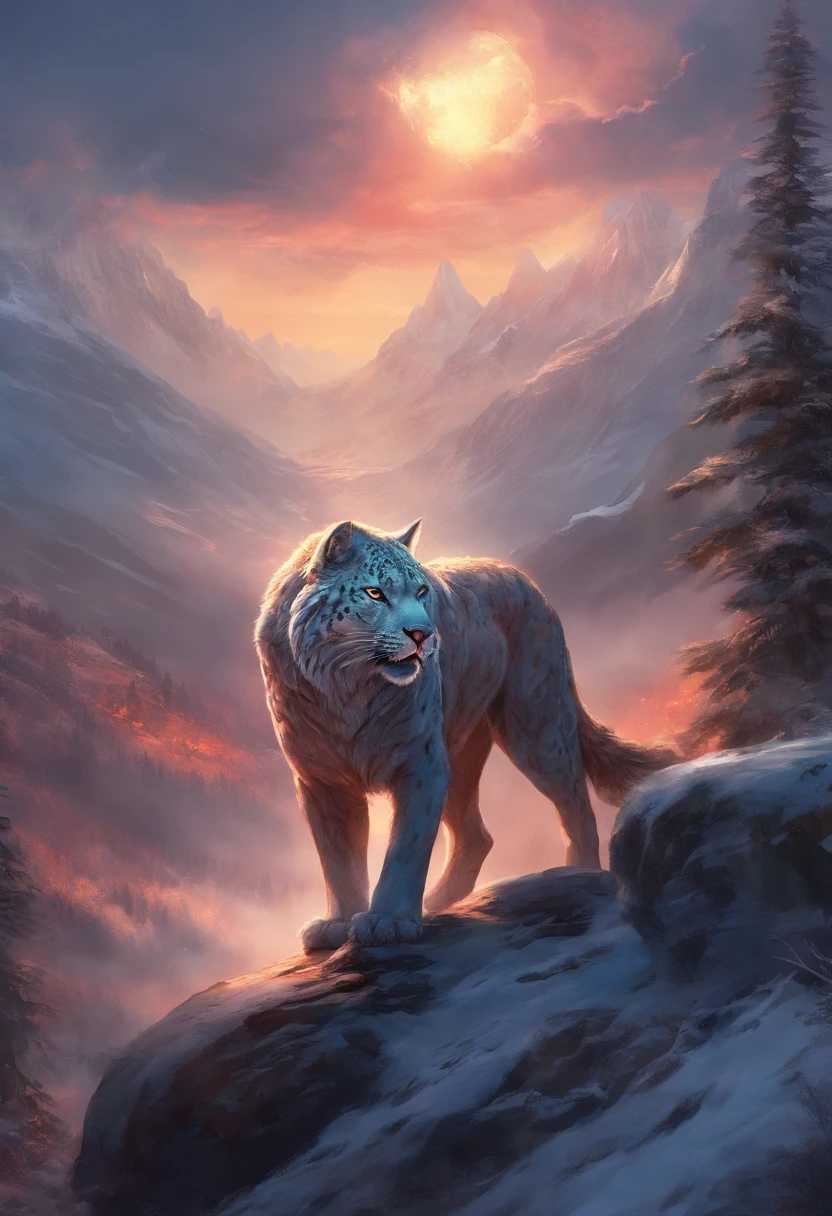 best quality,highres,professional,realistic,ultra-detailed,physically-based rendering,portrait. ,detailed, jaguar, detailed fur,emitting red smoke,interacting with a giant wolf beast, jaguar beast,ferocious,large,sharp teeth and claws,giant size,snarling,glowing red eyes,crouching on a mountain peak,mountain peaks in the background,tall and majestic,covered in snow,dramatic lighting,dark and brooding atmosphere