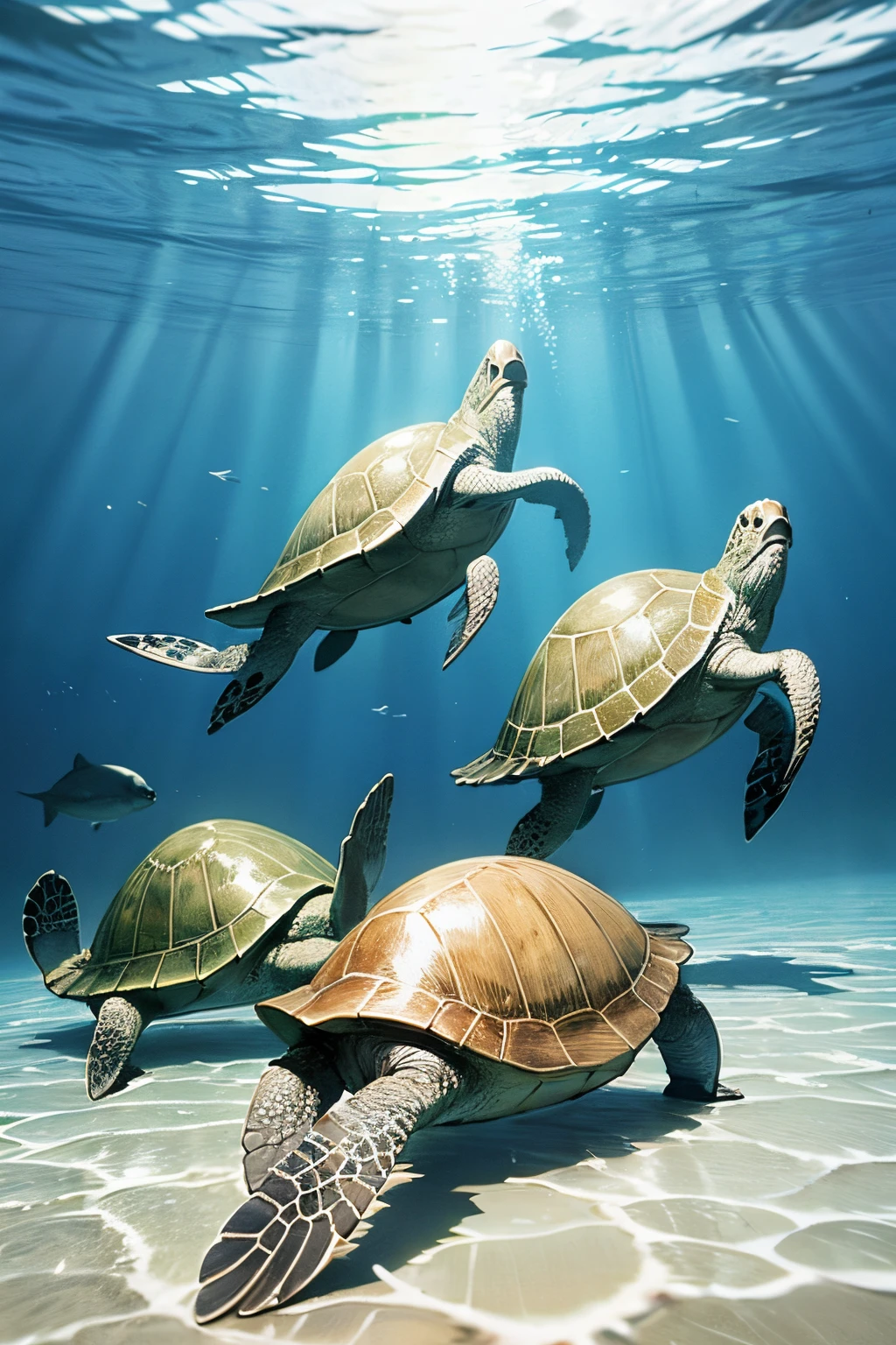 Swimming turtles, underwater, style of Christian Lassen