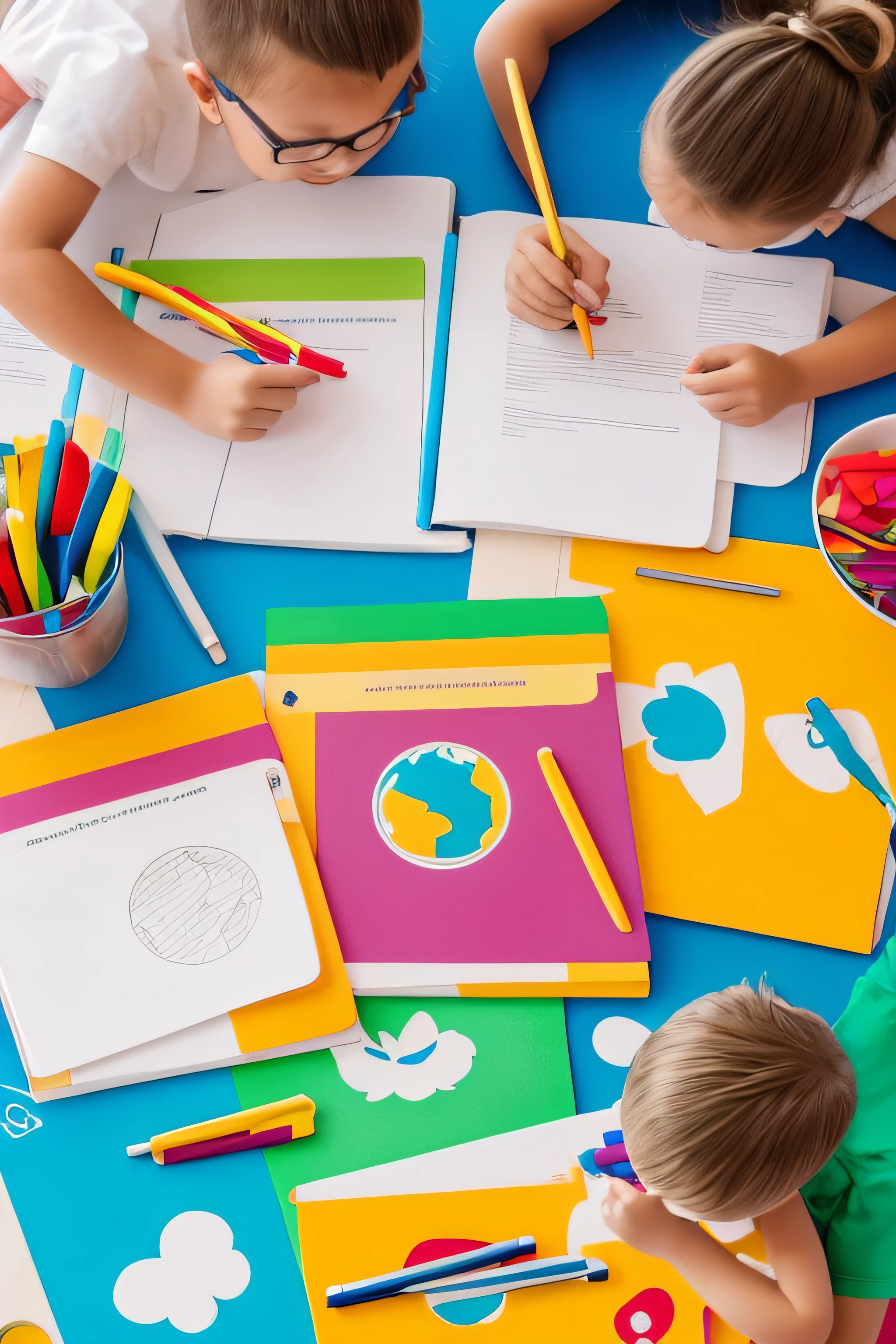 Generate an image showcasing a diverse group of happy enthusiastically writing in vibrant, colourful notebooks. The background should have a warm, inviting classroom setting with engaging visuals like playful learning tools, encouraging banners, and motivational posters. Highlight the joy of learning and the transformation from messy handwriting to neat, improved writing through the use of before-and-after handwritten examples. Ensure the scene radiates positivity and a sense of accomplishment, capturing the essence of handwriting improvement course for children