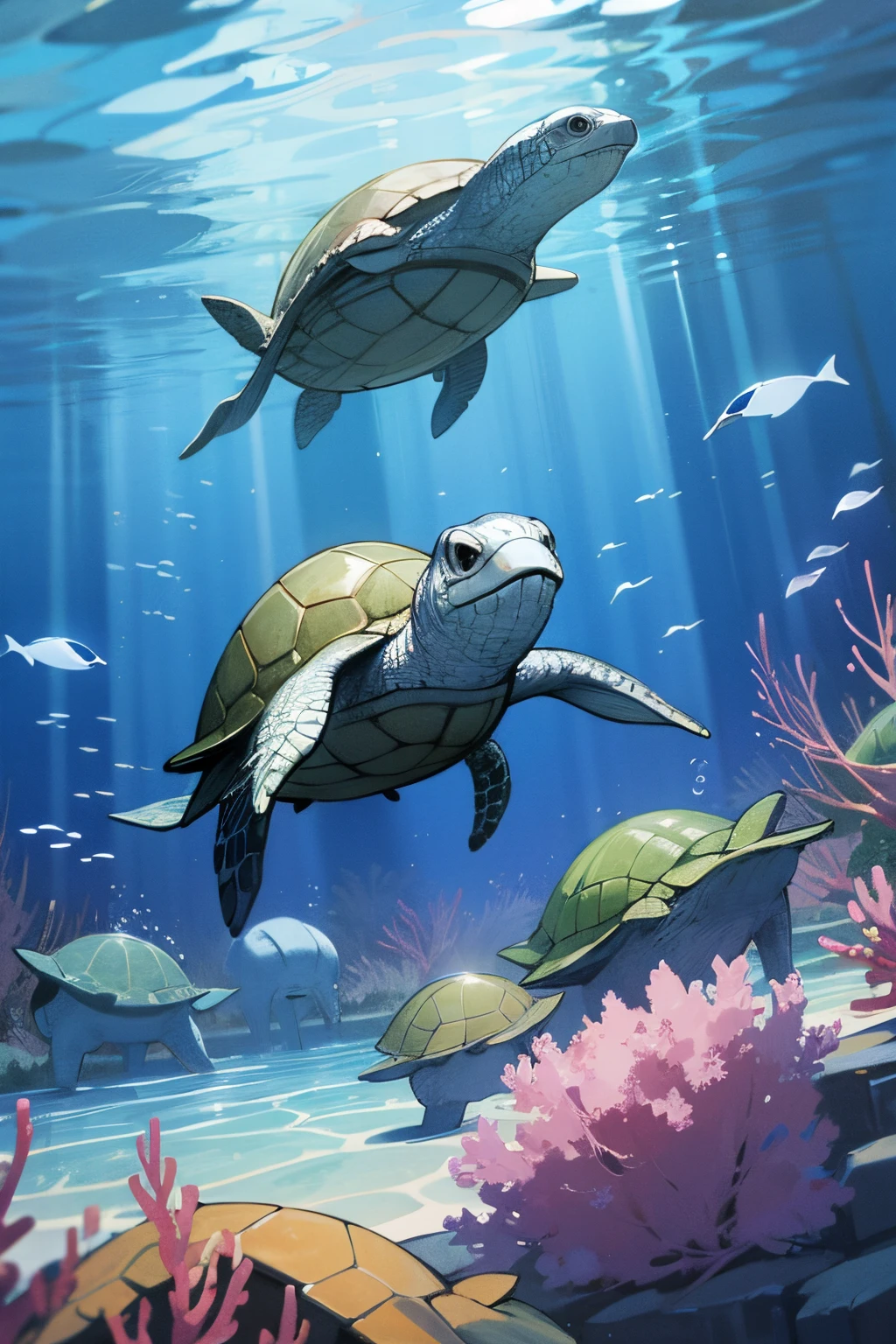 Swimming turtles, underwater, style of Christian Lassen
