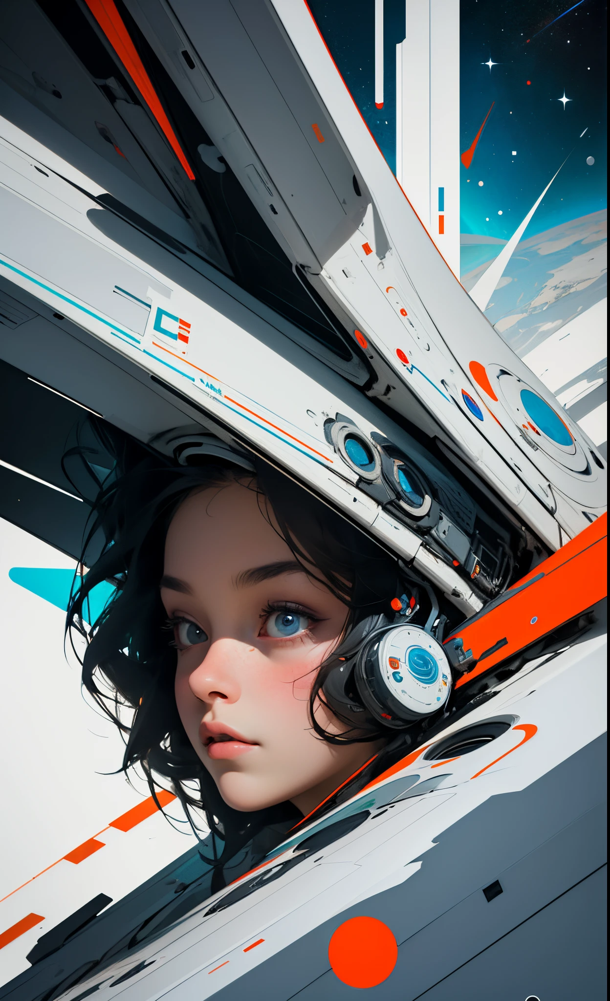 masterpiece, best quality, 1girl, space thriller movie poster, Bauhaus, shapes, lines, abstract