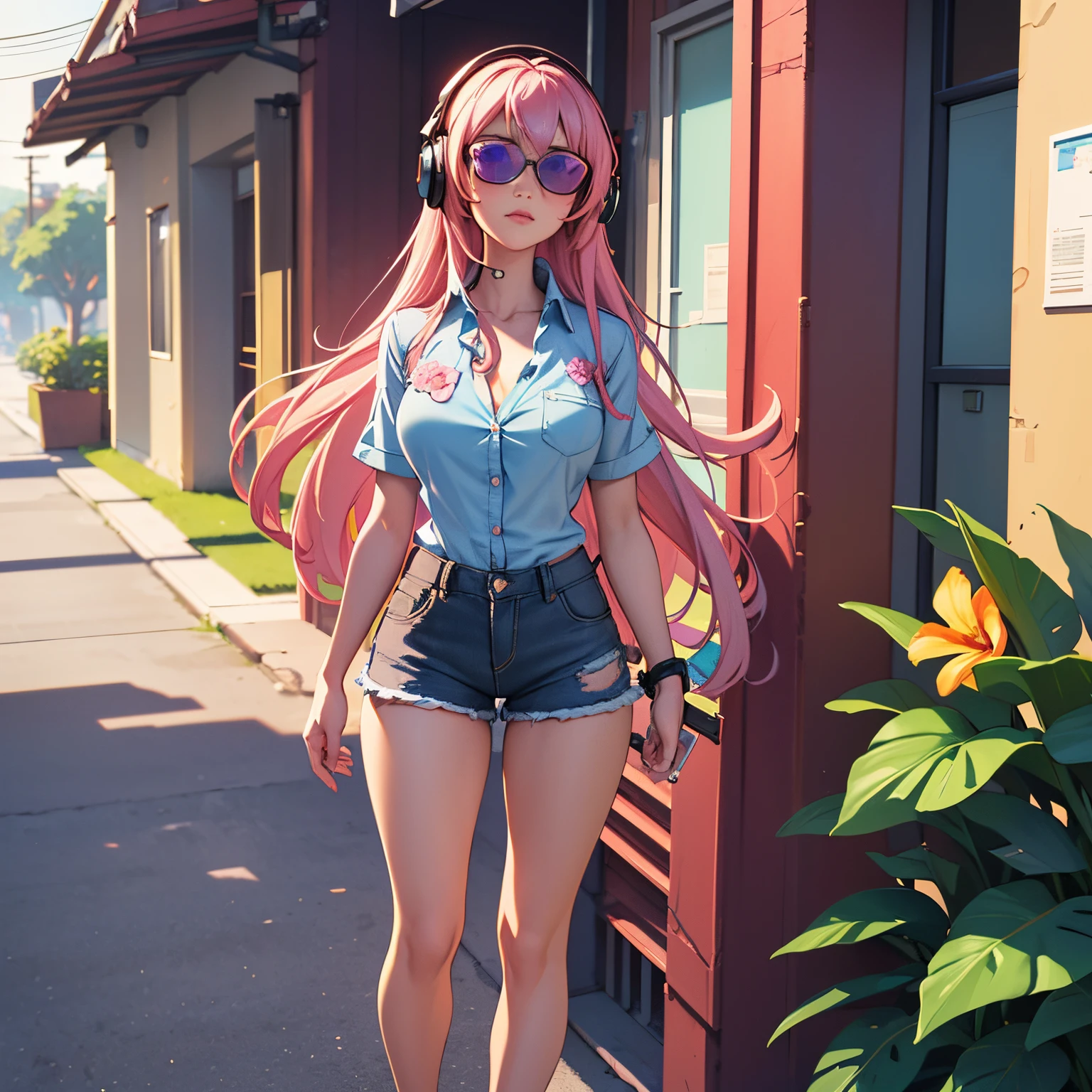 Masterpiece, best quality, (very detailed CG unity 8k wallpaper) (best quality), (best illustration), (best shadows), single female, full body, long pink hair, anime, very large breasts, short sleeve button up hawaiian shirt with flowers, jean shorts, cyberpunk, neon, sunglasses, headphones, detailed skin, beautiful face