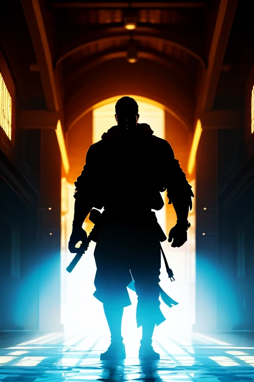 man wearing a hoodie, standing beneath a pool of light, with his shadow transforming into the fierce and imposing silhouette of a samurai warrior