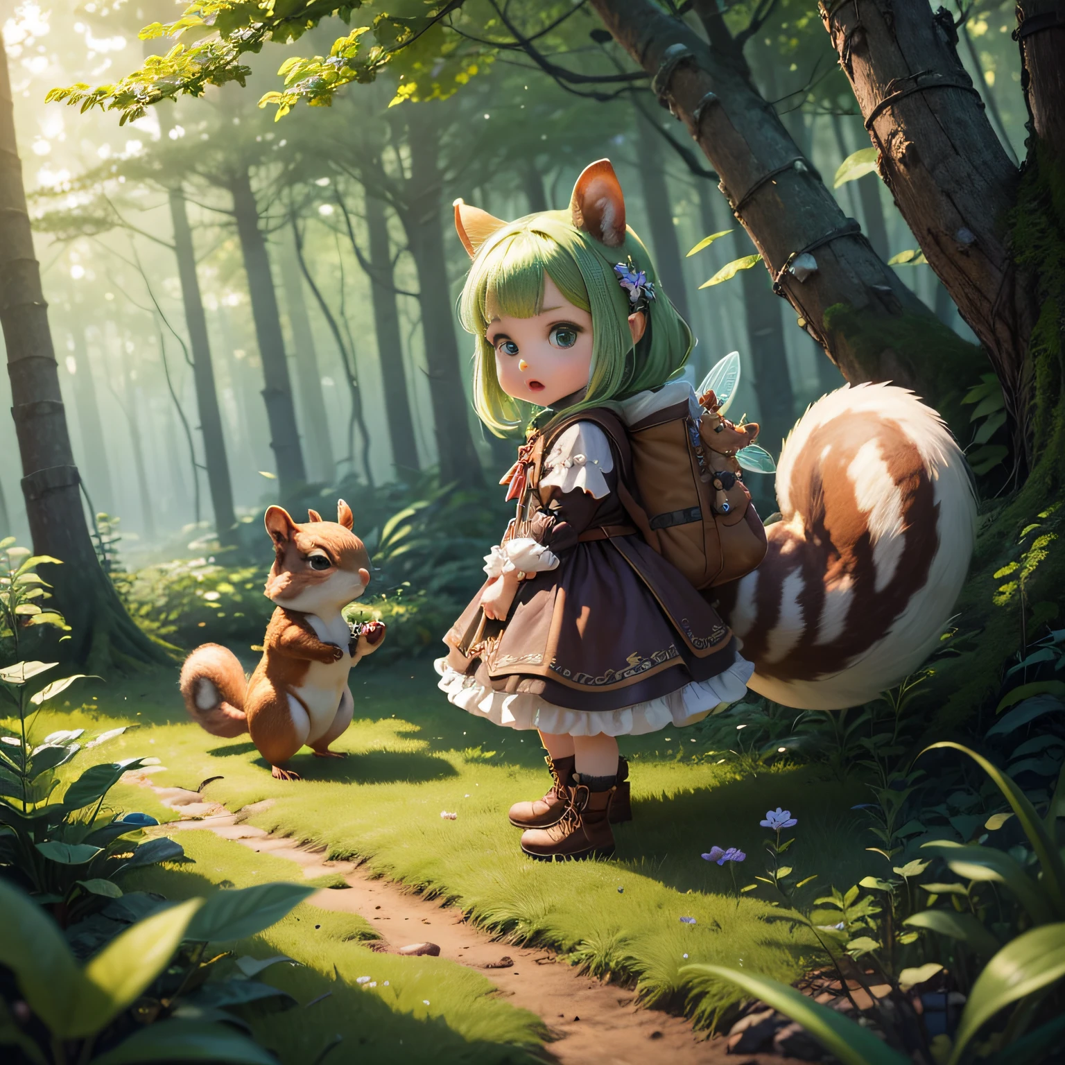 超A high resolution、An ultra-high picture quality、8K、Detailed details、marvelous expression、1 person woman、A cute little squirrel monster is your buddy、Monster Hunter Character Costumes、A beautiful little girl fairy also joins the party.、beautiful green deep forest background、