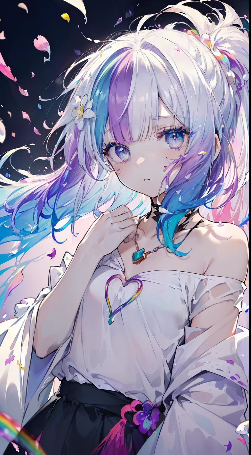 (colored hair: 1.8), (all the colors of the rainbow: 1.8),(((((vertical painting：1.6))), （Painting：1.6），front, Comics, illustrations, Painting, big eyes , crystal clear eyes,（Rainbow Color Gradient High Ponytail：1.7）, exquisite makeup, closed mouth,(Small fresh: 1.5),(Clear chest: 1.6) ，long eyelashes, off-the-shoulder white t-shirt, off-the-shoulder white shirt， look at the audience, big watery eyes, (Rainbow colored hair：1.6), splashes of color, （alone：1.8）, splashes of color, Color Explosion, thick painting style, messy lines, ((splendid)) ，(colorful), (colorful), (colorful), colorful, thick painting style, (splatter) (color splashes), vertical painting, upper body, paint splashes, acrylic pigment, gradient, paint, more high image quality, Very high quality, masutepiece, alone, depth of field, face painting, colorful clothes, (elegant: 1.2), very beautiful, long hair, wind, (elegant: 1.3), (flower petals: 1.4)，( ((masutepiece))),(((best quality))),((ultra-detailed)),(illustration),(dynamic angle),((floating)),(paint),((disheveled hair)) ,(alone),(1girl in) , (((Detailed animated face))),((beautiful detailed face)),necklace,bare shoulders,white hair,((colored hair)),((striated hair)), beautiful detailed eyes,(gradient color eyes),(((colorful eyes))),(((colorful background))),(((high color saturation))),(((surrounded by colorful splashes))) ,