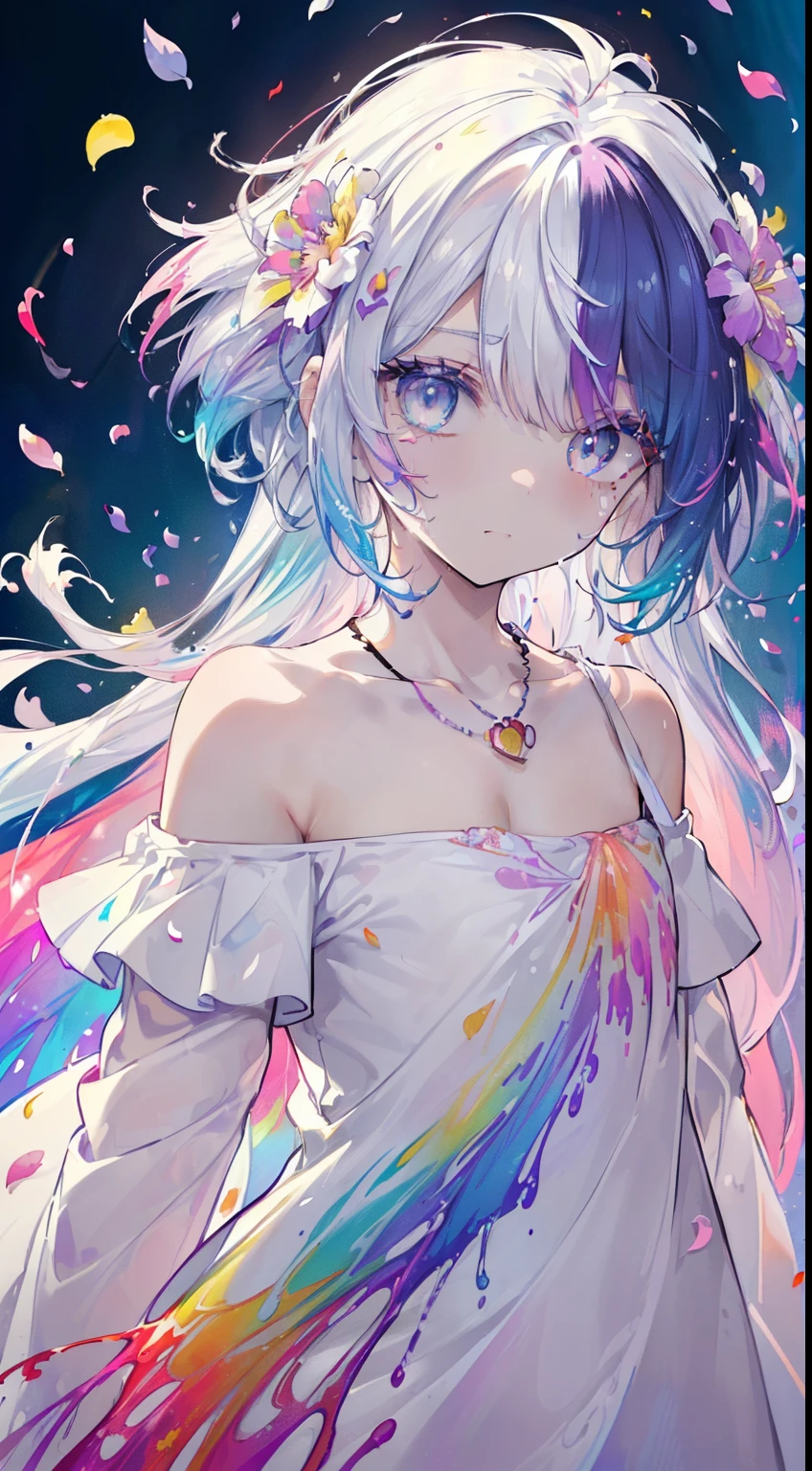 (colored hair: 1.8), (all the colors of the rainbow: 1.8),(((((vertical painting：1.6))), （Painting：1.6），front, Comics, illustrations, Painting, big eyes , crystal clear eyes,（Rainbow Color Gradient High Ponytail：1.7）, exquisite makeup, closed mouth,(Small fresh: 1.5),(Clear chest: 1.6) ，long eyelashes, off-the-shoulder white t-shirt, off-the-shoulder white shirt， look at the audience, big watery eyes, (Rainbow colored hair：1.6), splashes of color, （alone：1.8）, splashes of color, Color Explosion, thick painting style, messy lines, ((splendid)) ，(colorful), (colorful), (colorful), colorful, thick painting style, (splatter) (color splashes), vertical painting, upper body, paint splashes, acrylic pigment, gradient, paint, more high image quality, Very high quality, masutepiece, alone, depth of field, face painting, colorful clothes, (elegant: 1.2), very beautiful, long hair, wind, (elegant: 1.3), (flower petals: 1.4)，( ((masutepiece))),(((best quality))),((ultra-detailed)),(illustration),(dynamic angle),((floating)),(paint),((disheveled hair)) ,(alone),(1girl in) , (((Detailed animated face))),((beautiful detailed face)),necklace,bare shoulders,white hair,((colored hair)),((striated hair)), beautiful detailed eyes,(gradient color eyes),(((colorful eyes))),(((colorful background))),(((high color saturation))),(((surrounded by colorful splashes))) ,