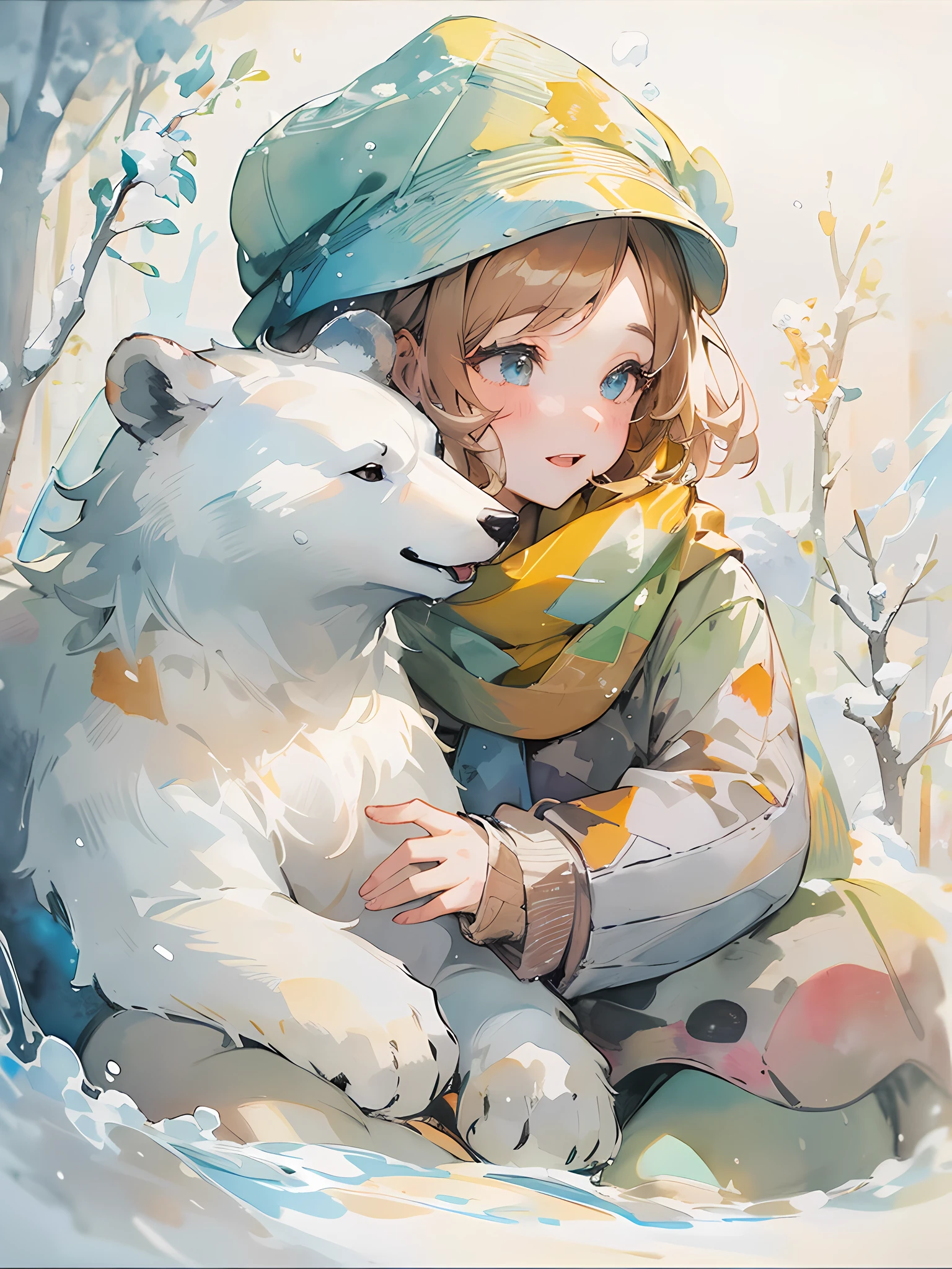 (Fantastic fairy tale world)A girl plays with a white bear in the snow. They are playing in the snow, always looking friendly and happy. The girl is wearing a hat and scarf to keep warm, but as she plays with the white bear, snow is on her head.(Ink on Japanese paper, which tends to bleed easily)(contemporary art like a picture book) (transparent watercolor) (light itself expressed as real) (layers of soft, rich colors) (shades of paint dissolved thinly with water) (deep, delicate colors)