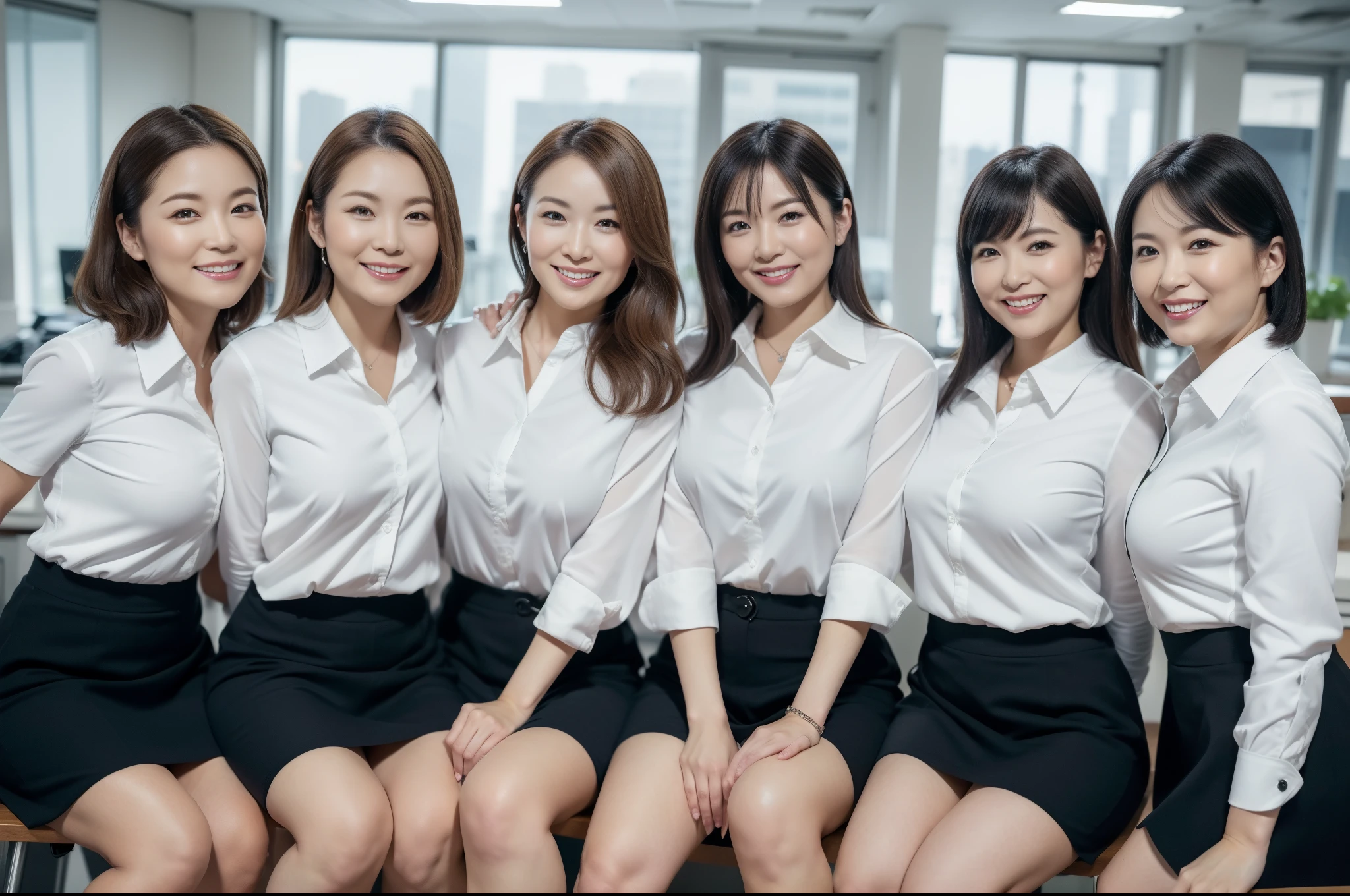 ((Best Quality, 8k, Masterpiecedetails, ultra-high resolution)), (group picture), (looking at the viewer), (fmiddle shot:), attractive business 5 milfs, 5 people, a bit chubby:0.25, white collared shirt, grey skirt, (sitting with cross legs on office desks)), smile, office of CEO,