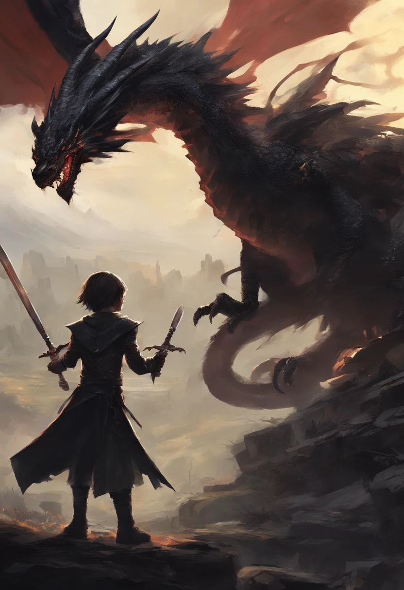 mito, Dragon Slayer 12 year old boy and 12 year old girl, All holding swords, Dressed in black, Dragon in the background