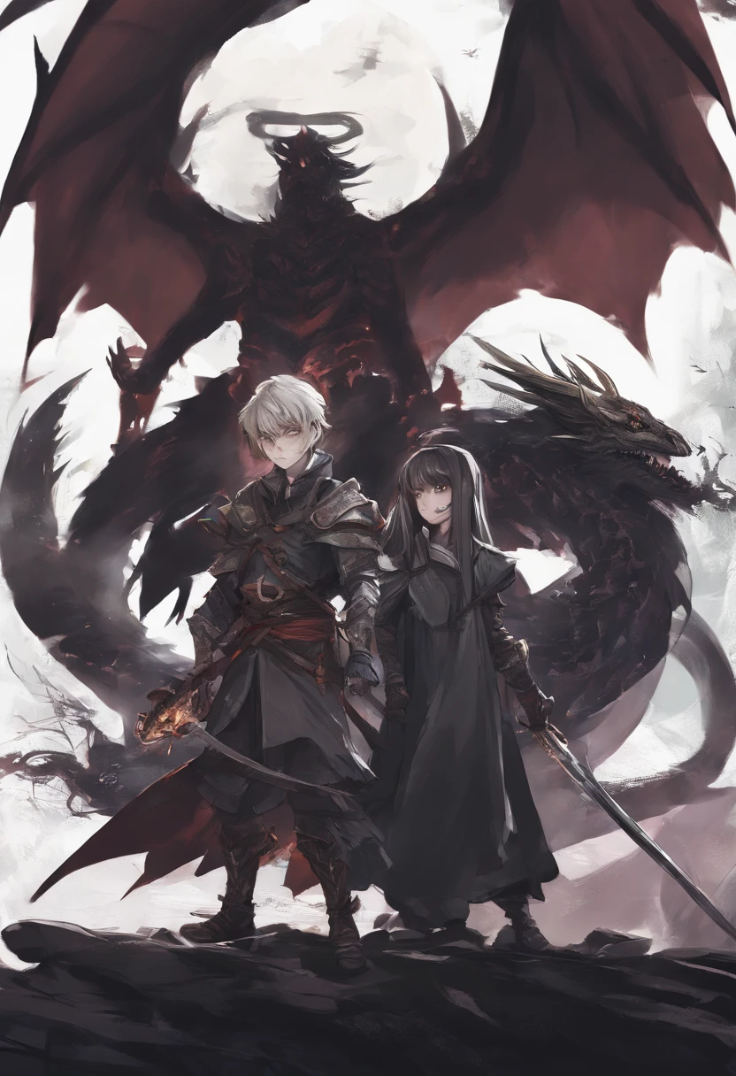 mito, Dragon Slayer 12 year old boy and 12 year old girl, All holding swords, Dressed in black, Dragon in the background