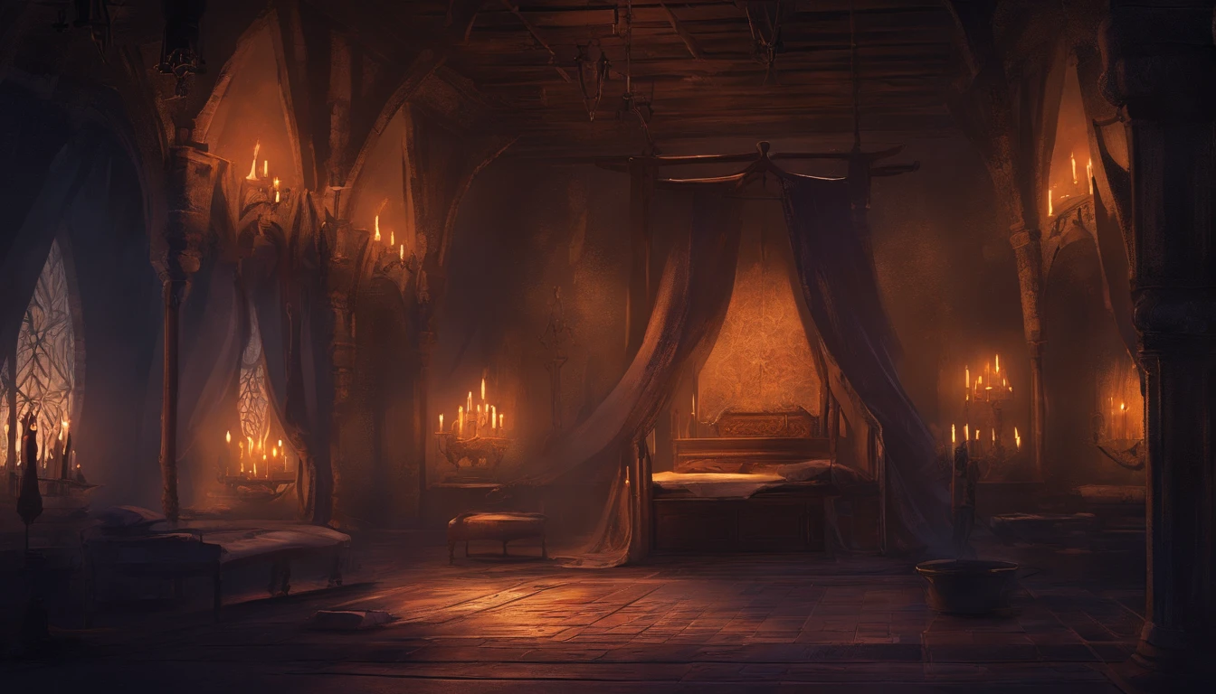 a medieval bedchamber in the night fit for royalty. The atmosphere is calm and empty with feelings of burden and illness, cold colors
