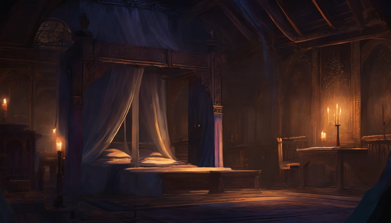 a medieval bedchamber in the night fit for royalty. The atmosphere is calm and empty with feelings of burden and illness, cold colors
