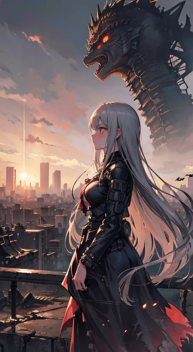 1girl, mature, adult, profile view, wind, long hair, very long hair, blowing hair, beauty, medium breast, master piece, eyelashes, blush, thinking, (destroyed city, post apocalyptic, ruins)(Kaiju in background:1.3) Godzilla in background, anime_composition