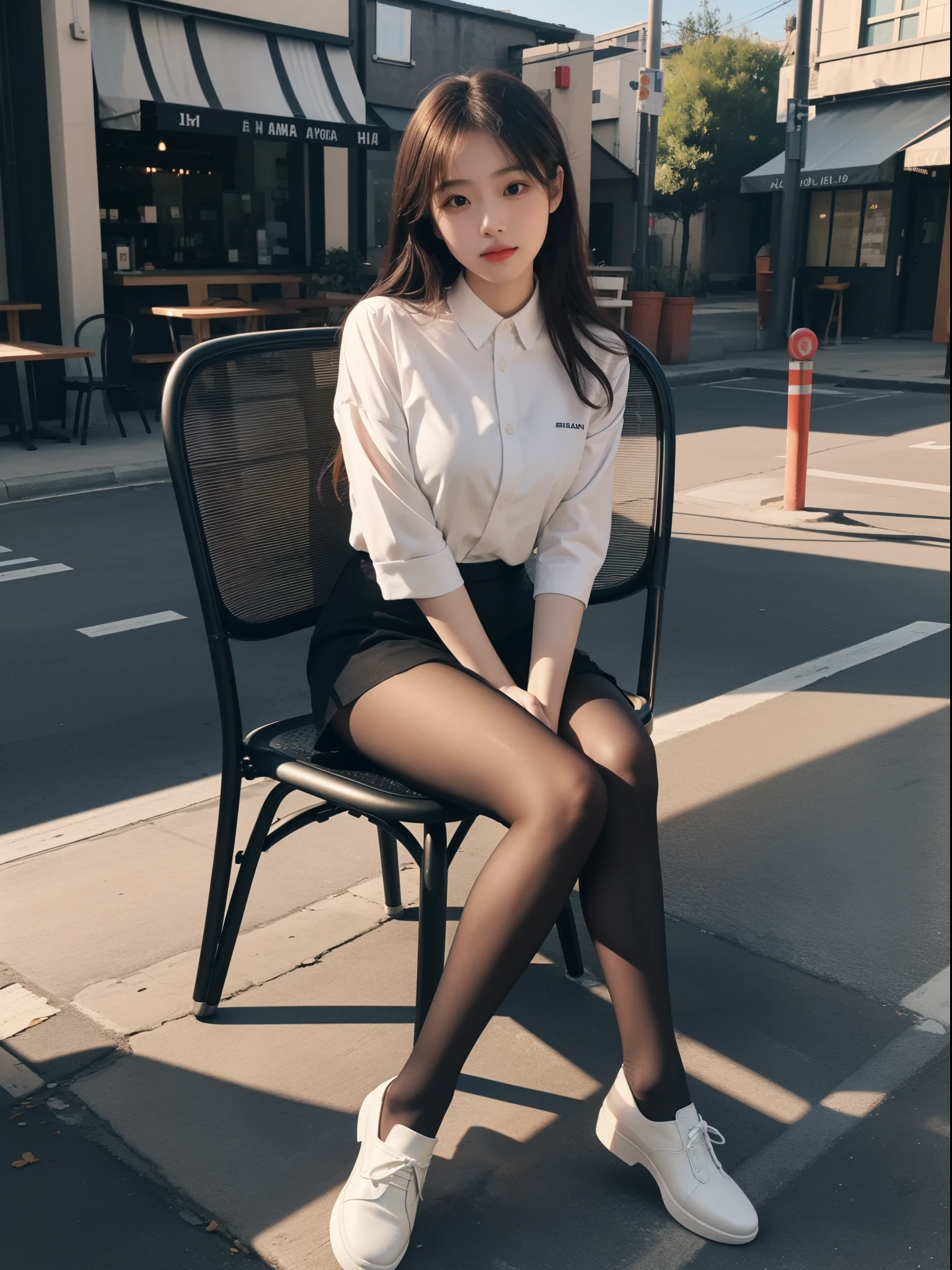 (A full body girl:1.5)，(Anatomical correct:1.4),(Sitting on a chair in front of the coffee shop:1.2),and the sun was shining brightly(Wearing jk uniform suit:1.2),(Opaque black pantyhose:1.3),( those girls&#39; White Mary Jane shoes :1.1),(Acura、Perfect face shape:1.3),(legs long:1.3),hyper HD, ray traycing, reflective light， structurally correct, Award-Awarded, high detal, Lighten shadow contrast, face illuminated ，电影灯光, tmasterpiece, super detailing, high high quality, high detal, Best quality at best, 16k，hight contrast,