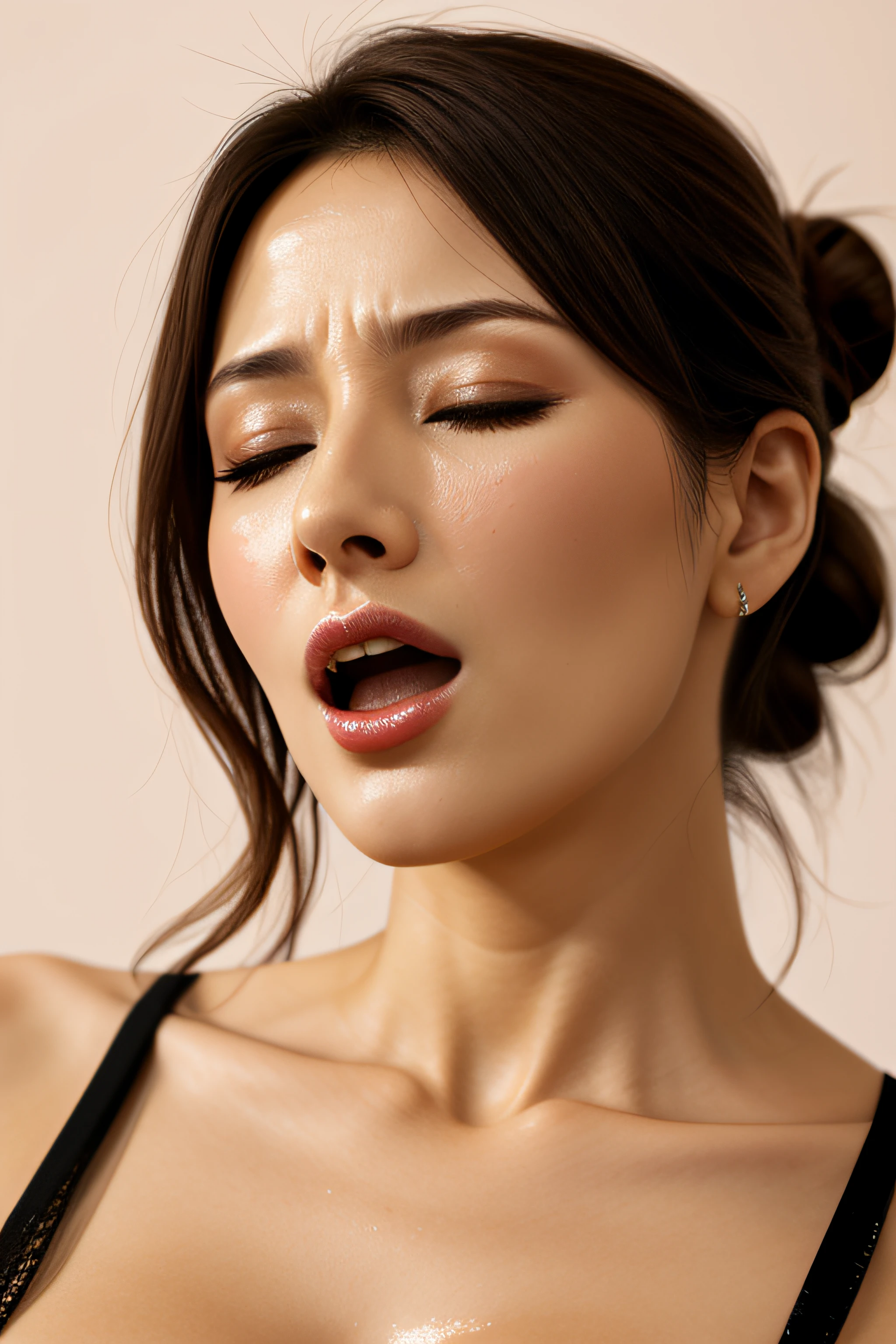 masutepiece,,award - winning photo, Extremely detailed, edgOrgasm,Face Focus, Face Close-up、Woman with mouth open and eyes closed , Woman with Edge _Face、30-years old、A dark-haired、CNN News Anchor、Glossy skin、White background、NSFW,large full breasts、Glossy skin、sharp nose、hair bun、