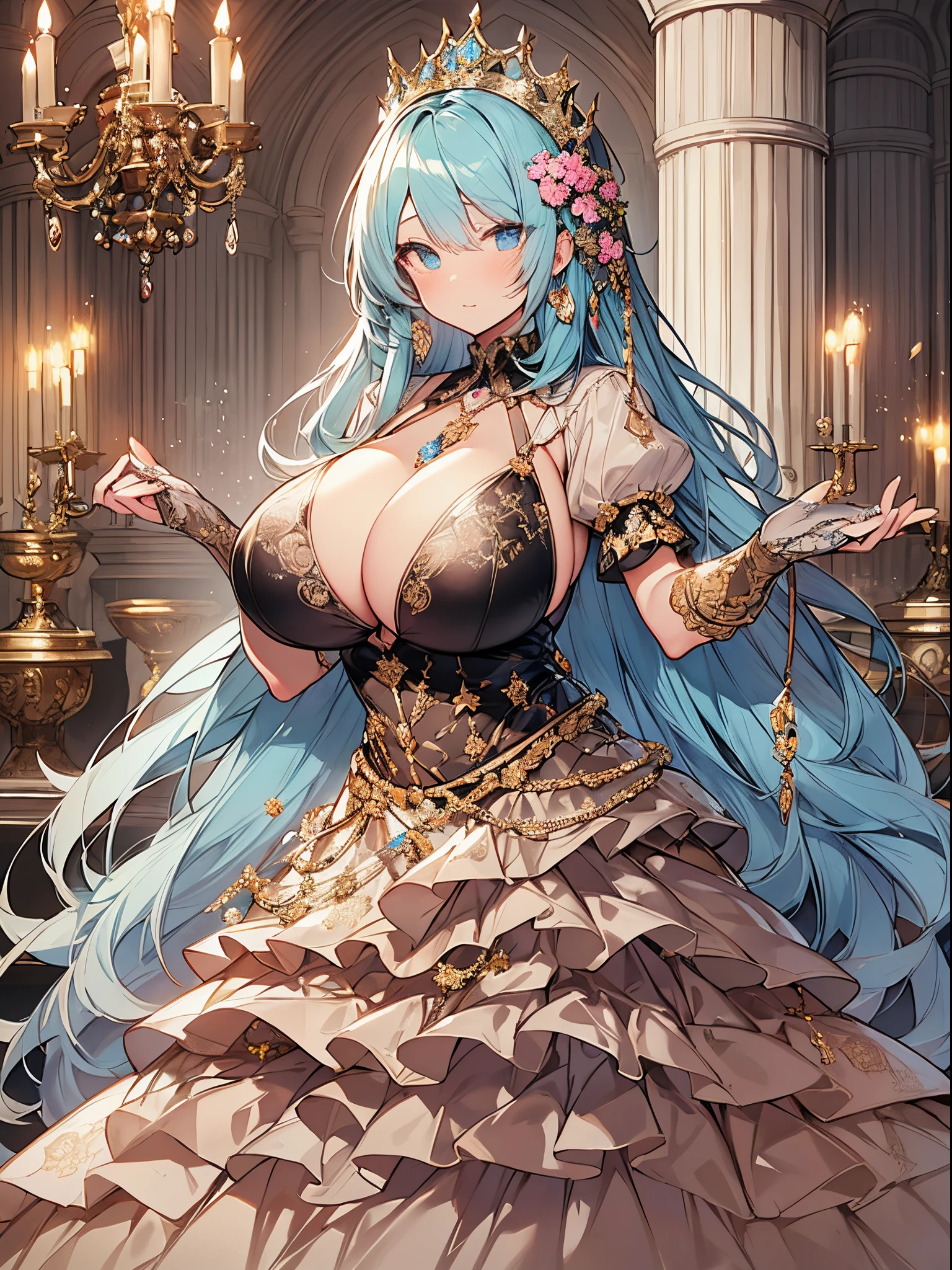 ultra-detailed, extremely detailed,((anime artstyle)),Masterpiece,(Best Quality),(Super Detail),(Very Delicate and Beautiful),((Solo)),((full body)),full body,((detailed face and eyes)),perfect eyes, rendered eyes,jewel-like beautiful eyes,((1 princess in beautiful embroidery and jeweled gorgeous rococo ballgown with frilled voluminous full length hoop skirt)),((Crinoline)),beautiful embroidery and jeweled gorgeous rococo ballgown with frilled voluminous full length hoop skirt,(large amount of straight hair,extremely voluminous Very Long straight Hair,Absolutely Long Straight Hair),sparkly skin,(((very gigantic boobs))),Bursting breasts,cleavage,(fantasy castle,outdoors,outside the castle),long_gloves,extremely gorgeousfull jeweled hair ornament,(bling-bling extremely gorgeousfull jeweled tiara),(luxurious jewelry),full body,beautiful embroidery and jeweled gorgeous rococo ballgown with frilled voluminous full length hoop skirt