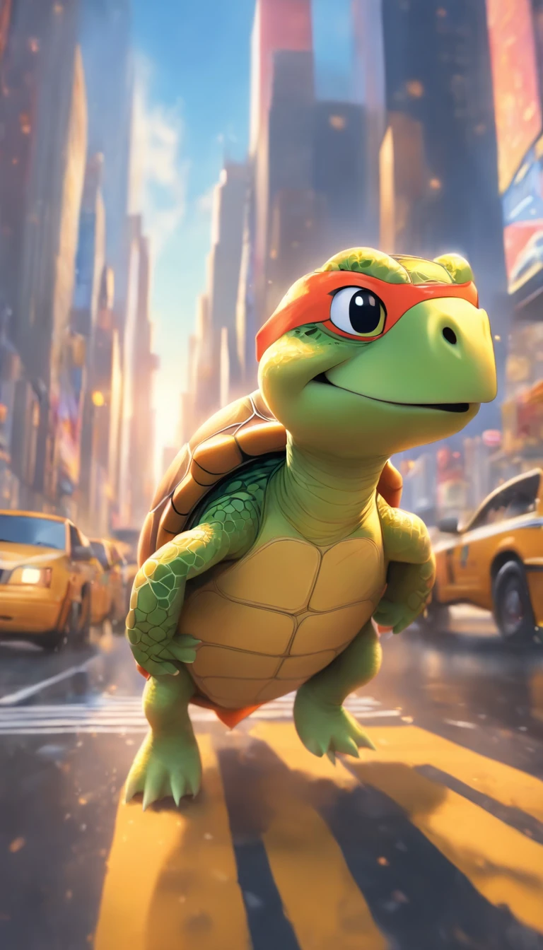 (masterpiece, best quality, ultra-detailed, 8k wallpaper, photorealistic), an anthropomorpic turtle as a new york cab driver, shot from outside the cab, new york city, busy road, buildings, natural lighting