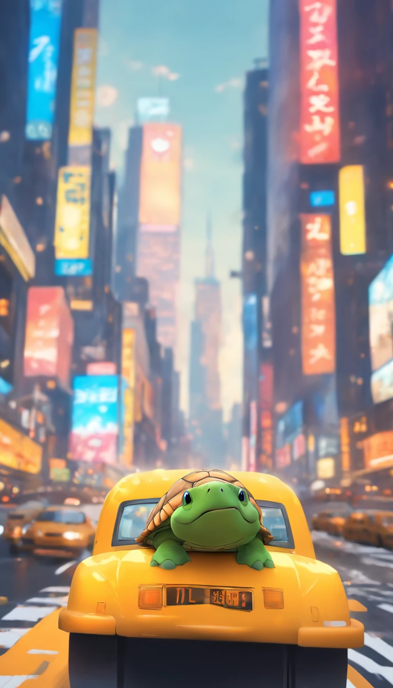 (masterpiece, best quality, ultra-detailed, 8k wallpaper, photorealistic), an anthropomorpic turtle as a new york cab driver, shot from outside the cab, new york city, busy road, buildings, natural lighting