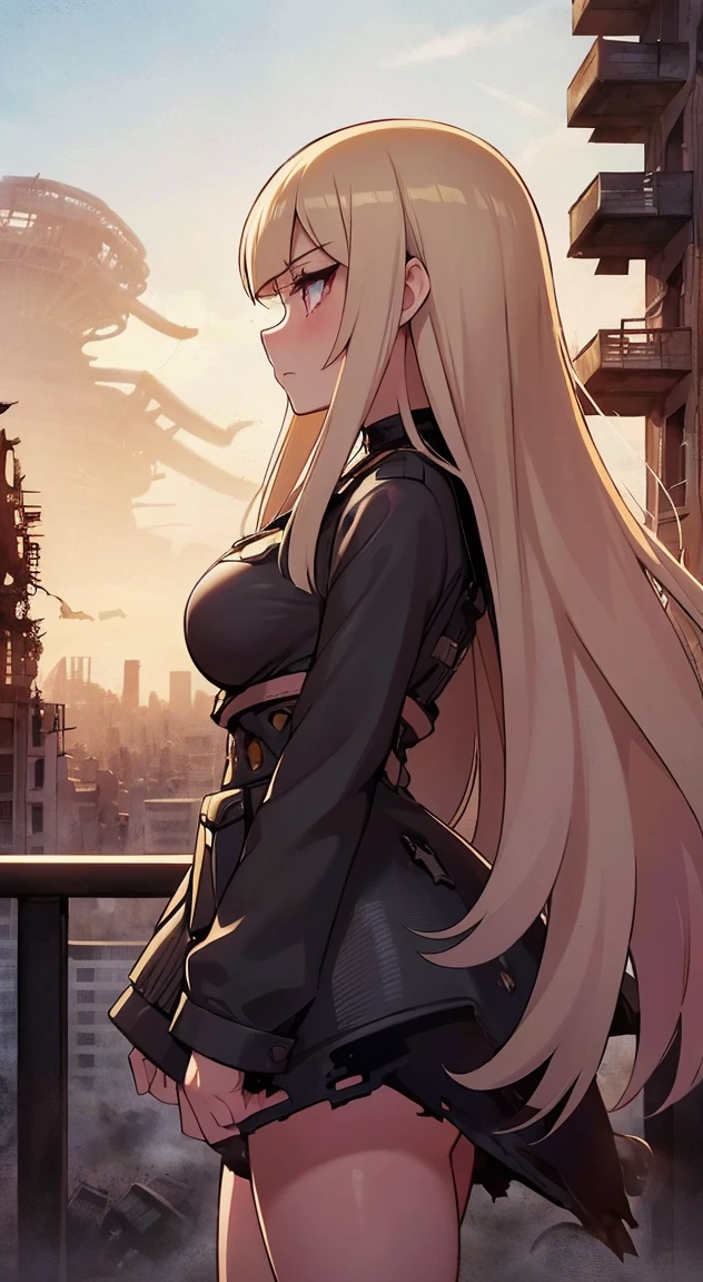 1girl, mature, adult, profile view, wind, long hair, very long hair, blowing hair, beauty, medium breast, master piece, eyelashes, blush, thinking, (destroyed city, post apocalyptic, ruins)(Kaiju in background:1.3) Godzilla in background, anime_composition