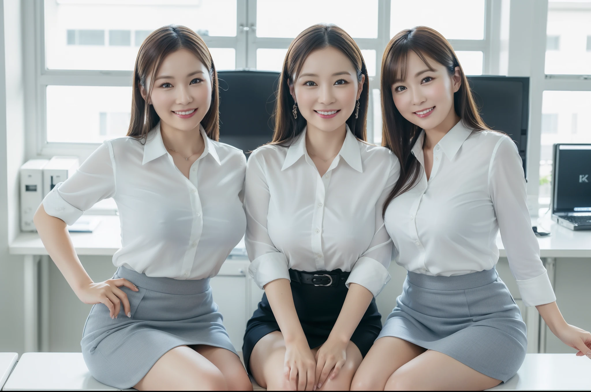 ((Best Quality, 8k, Masterpiecedetails, ultra-high resolution)), (looking at the viewer), (full shot:), attractive business 5 milfs, 5 people, a bit chubby:0.25, white collared shirt, grey skirt, (sitting with cross legs on office desks)), smile, office of CEO,