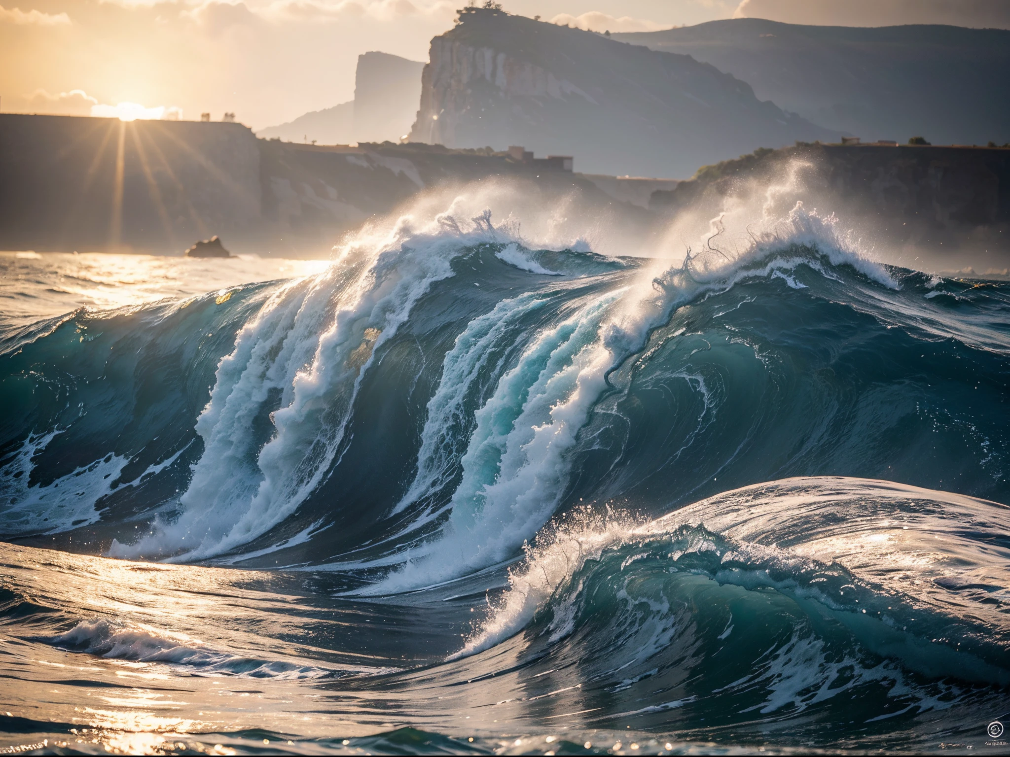 Under the brilliant sunlight, crashing waves surge with relentless power and breathtaking beauty. This vibrant image captures the dynamic motion of the ocean, frozen in a captivating photograph. The waves, towering and fierce, glisten with sunlight as they collide against rocky cliffs, sending sprays of frothy white water into the air. The colors in the image are vivid and rich, with the deep blues of the sea contrasting against the brilliant golden hues of the sunlight. The fine details, from the droplets suspended mid-air to the intricate patterns formed by the cascading waves, are beautifully rendered, showcasing the skill and artistry of the photographer. This stunning image evokes a sense of awe and wonder, transporting viewers to the mesmerizing allure of the sea's relentless power.