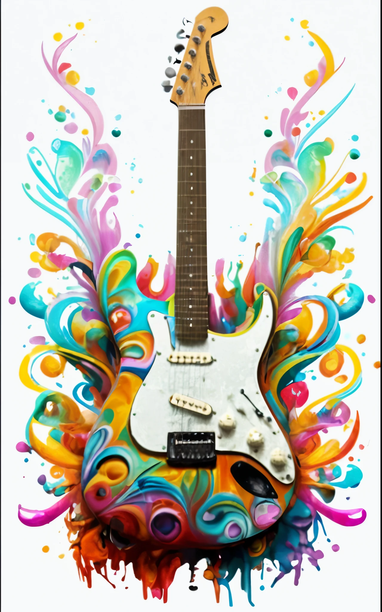um close de uma guitarra com um desenho colorido, Electric guitar, Stratocaster Fender, music poster, arte conceitual da guitarra, psychedelic style, rocking out, poster artwork, Guitarra, arte colorida, classic guitar, colorful explosion, cheio de cores e detalhes ricos, Arte de Alessandro Pautasso, gotejamento com cor, campy e colorido, solo de guitarra