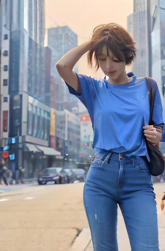 Describe a situation where a woman with short hair, wearing a blue shirt, skinny jeans, and heels is flipping her hair in downtown Seoul.