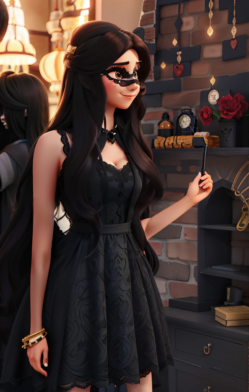 Woman with long brown hair wearing a black lace mask and black dress